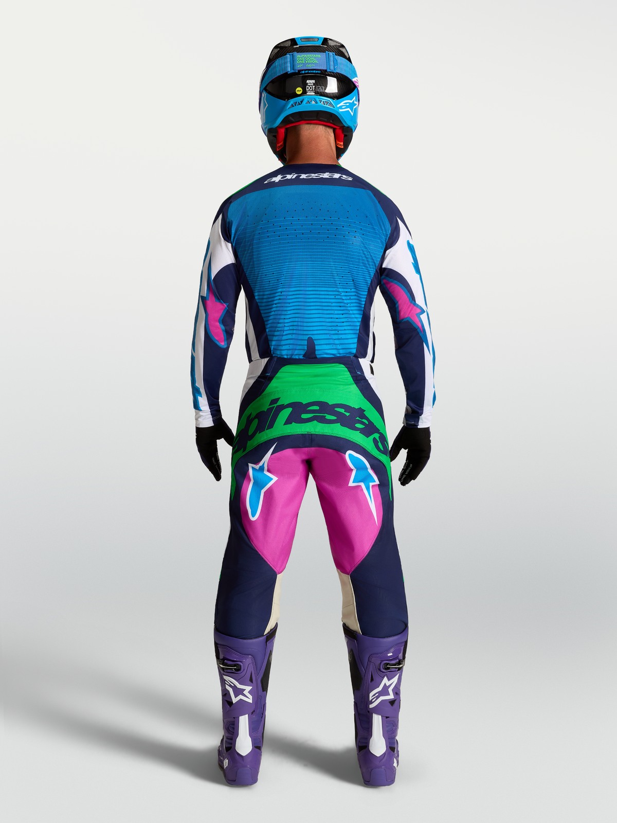 Maillot Alpinestars Techstar Maven, motocross pour homme, bleu et bleu marine, vue de dos avec perforations laser.