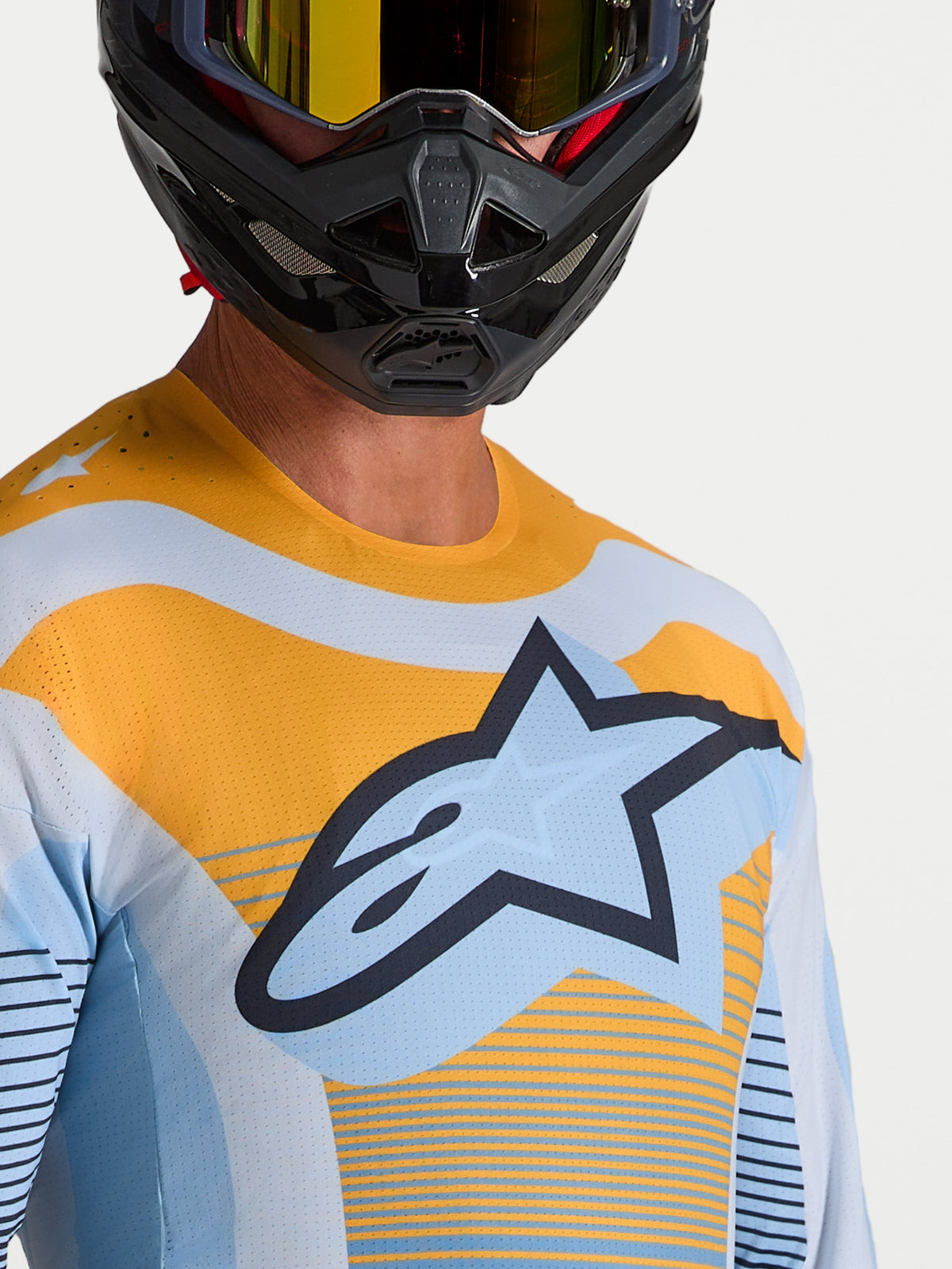 Maillot Techstar Maven Alpinestars, maillot de motocross bleu et orange avec ventilation laser et coupe athlétique