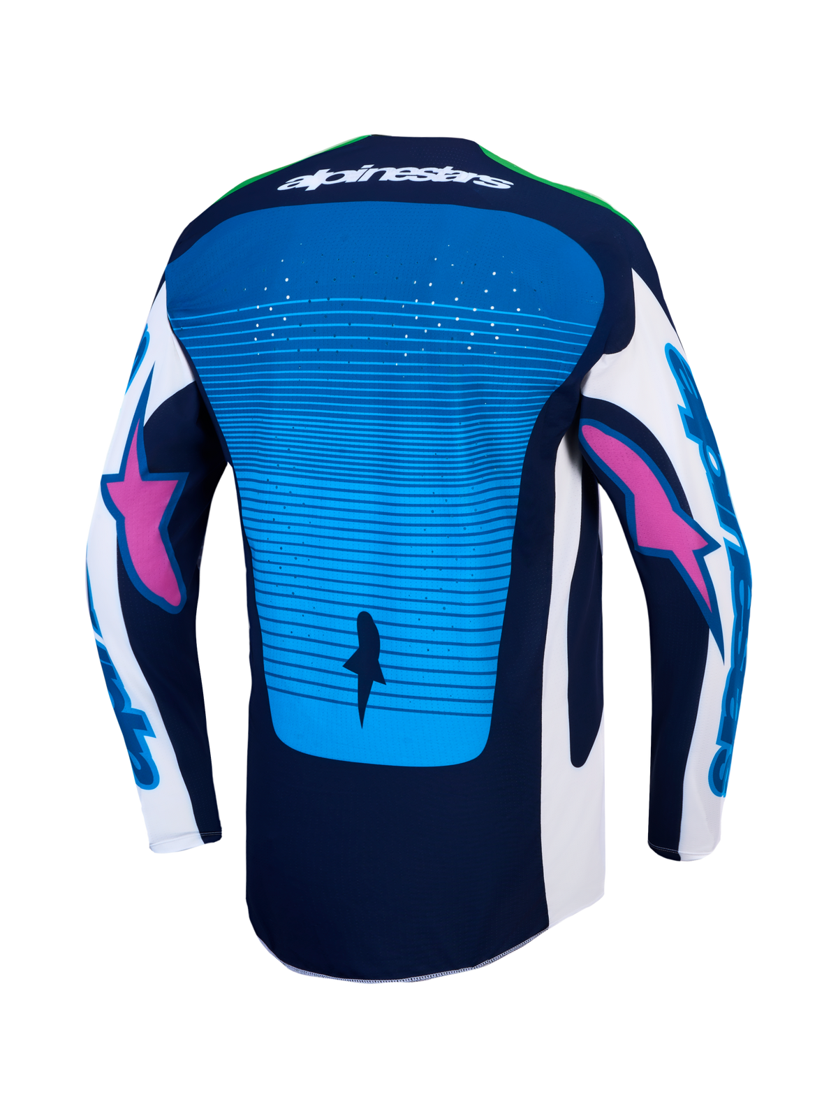 Alpinestars Techstar Maven, maillot motocross homme, bleu et marine, vue arrière avec perforations laser et dos allongé.