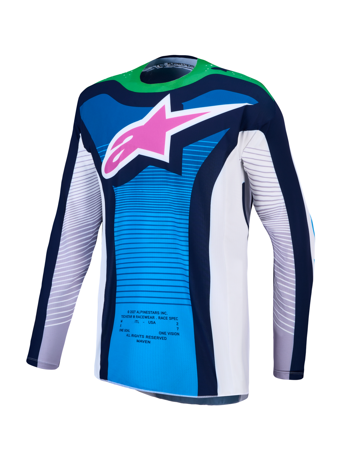 Maillot Techstar Maven Alpinestars et Techstar Maven Gear Set 2027, maillot de motocross bleu et vert fluo avec logo étoile rose, coupe athlétique haute performance