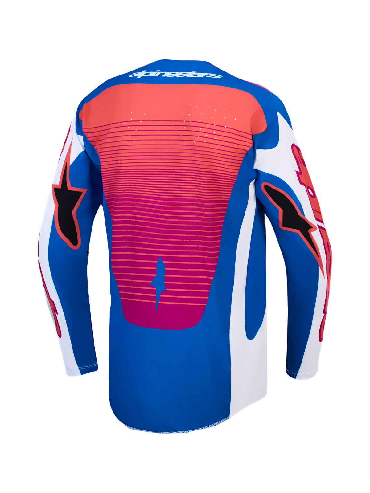 Maillot Alpinestars Techstar Maven, maillot de motocross pour homme, bleu et blanc avec accents corail, vue de dos montrant l'ourlet arrière allongé, idéal pour le tout-terrain