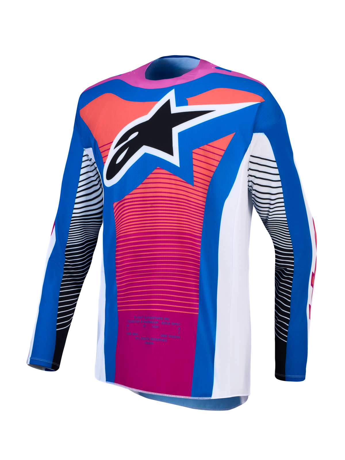 Alpinestars Techstar Maven, maillot de motocross bleu et rose, logo étoile noir et blanc, coupe athlétique