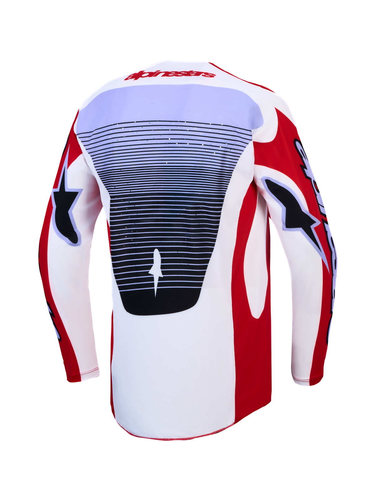 Alpinestars Maillot Techstar Maven et 2027 Techstar Maven Gear Set, maillot rouge et blanc avec panneau arrière ventilé.