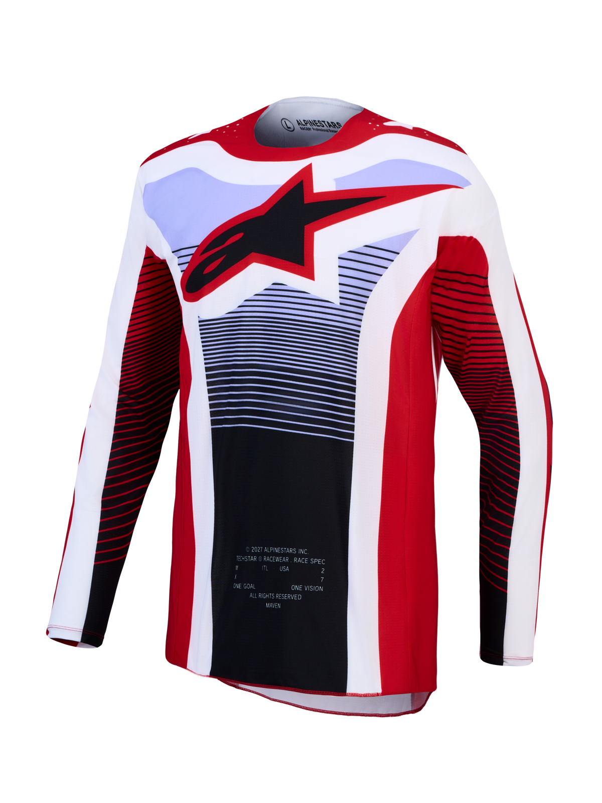 Maillot Alpinestars Techstar Maven, maillot de motocross rouge et blanc, tissu respirant et logo étoile noir