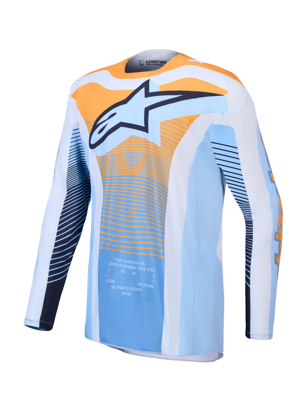 Alpinestars Techstar Maven, maillot de motocross pour homme bleu et orange, tissu respirant et coupe athlétique.