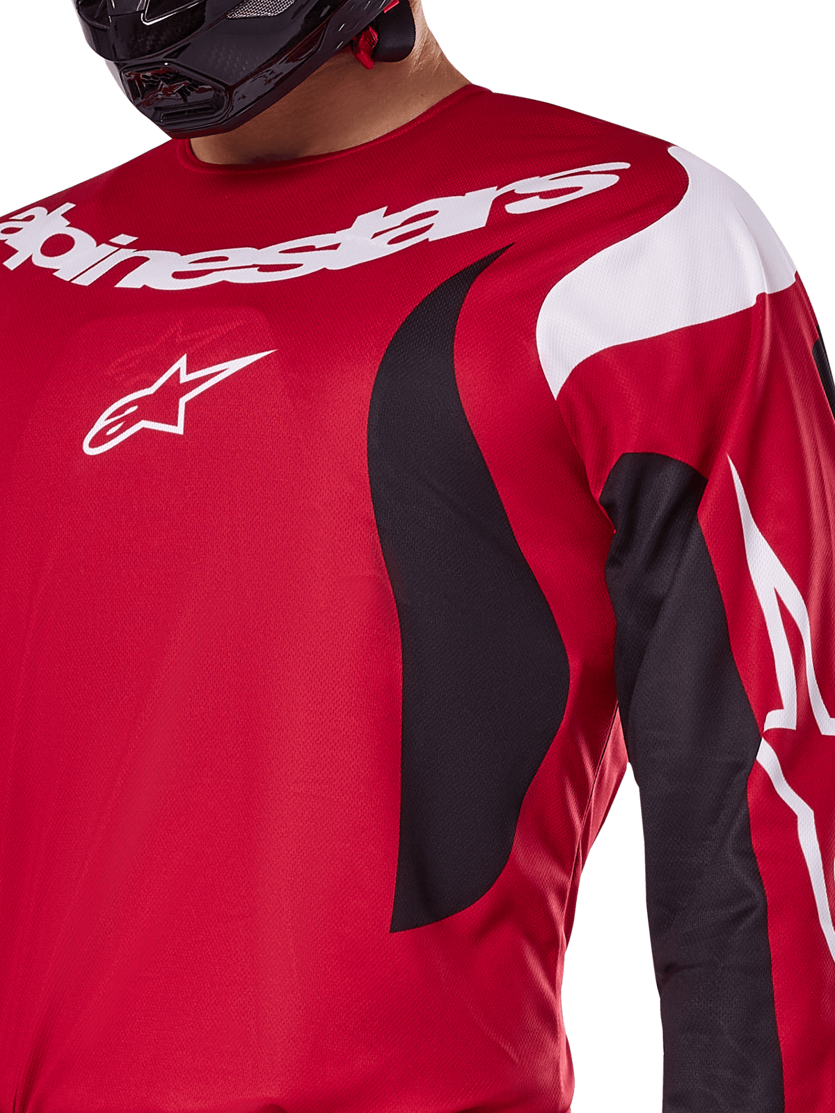 Alpinestars 2025 Fluid Haul Trikot und Bekleidungsset, Motocross-Oberteil in Rot und Schwarz, weiße Logos und sportliches Design.