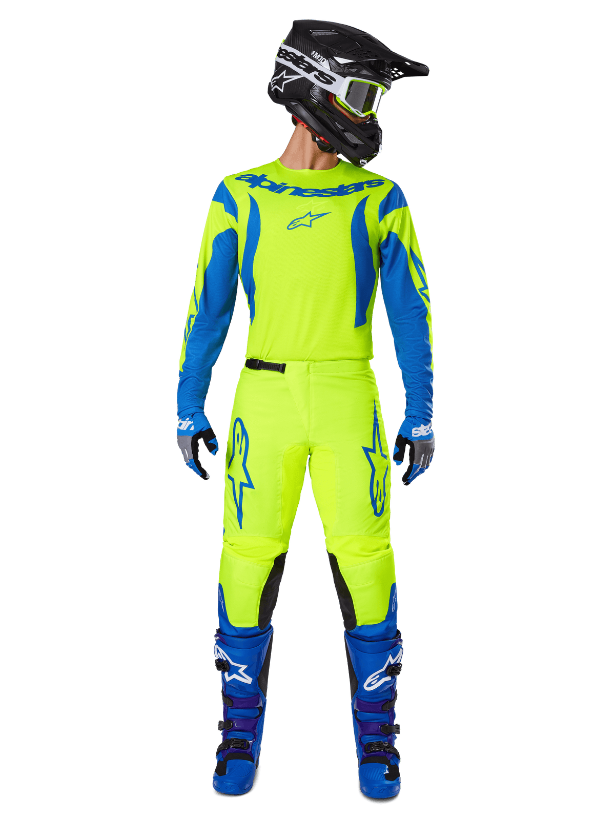 Alpinestars 2025 Fluid Haul Gear Set, Motocross-Trikot und -Hose, Neongelb und Blau, getragen mit passenden blauen Stiefeln und einem schwarzen Helm, mit markanten Astars-Logos und einem athletischen, ergonomischen Schnitt für den Offroad-Rennsport.