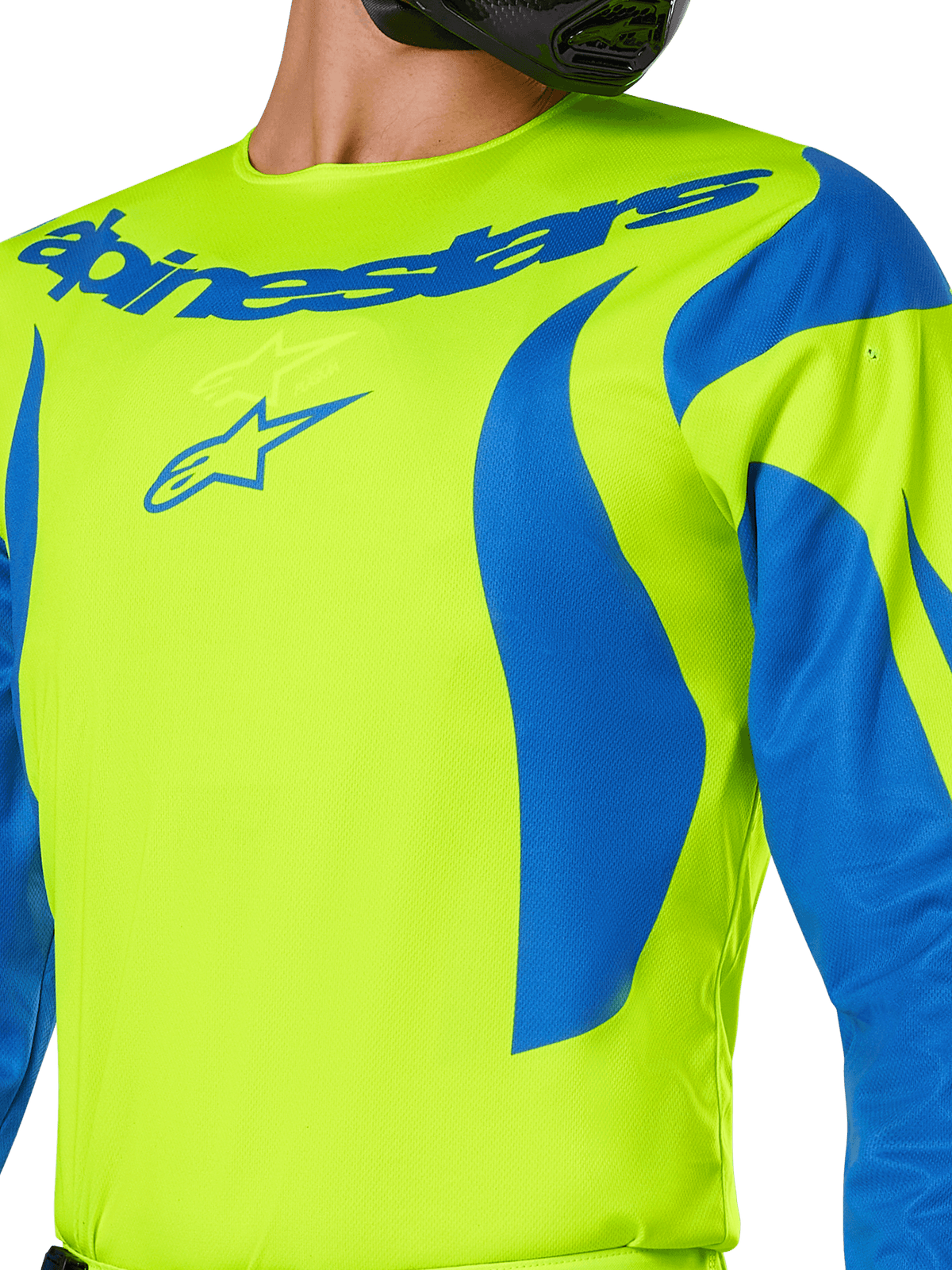 Alpinestars 2025 Fluid Haul Trikot, Motocross-Trikot, Gelb Fluo und Blau, mit markantem blauem Alpinestars-Branding auf der Brust und wellenförmigen blauen Mustern an den Schultern, sportliche Passform für den Offroad-Rennsport