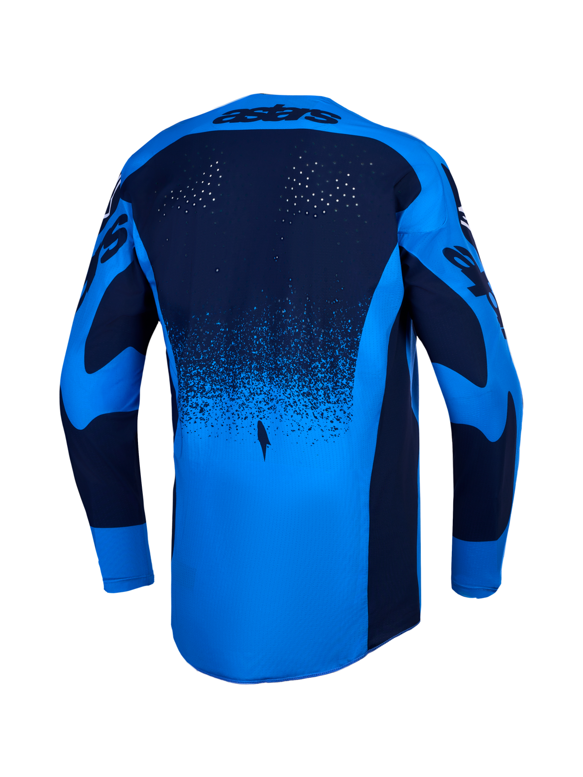 Alpinestars maillot Techstar Swan, maillot de motocross bleu clair et bleu foncé, perforations laser et pan arrière allongé.