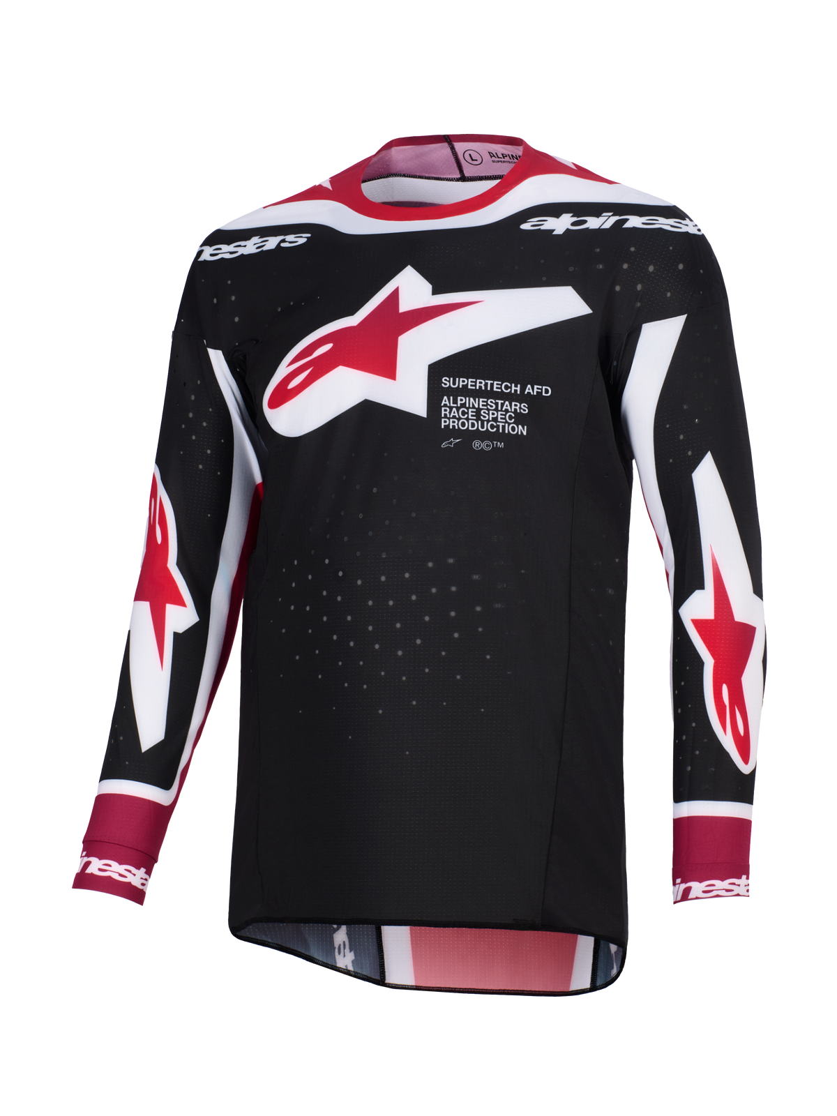 Alpinestars 2026 Supertech AFD Vista Jersey, motocross shirt, zwart, rood en wit, met een groot rood en wit Alpinestars sterlogo op de borst en 'Supertech AFD' tekst, geperforeerde mesh-stof voor ventilatie, atletische race-pasvorm