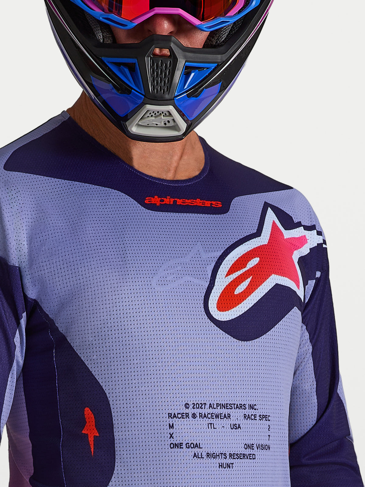 Maillot Alpinestars Racer Air Hunt, maillot de motocross en mesh violet et violet clair, respirant et léger pour le tout-terrain