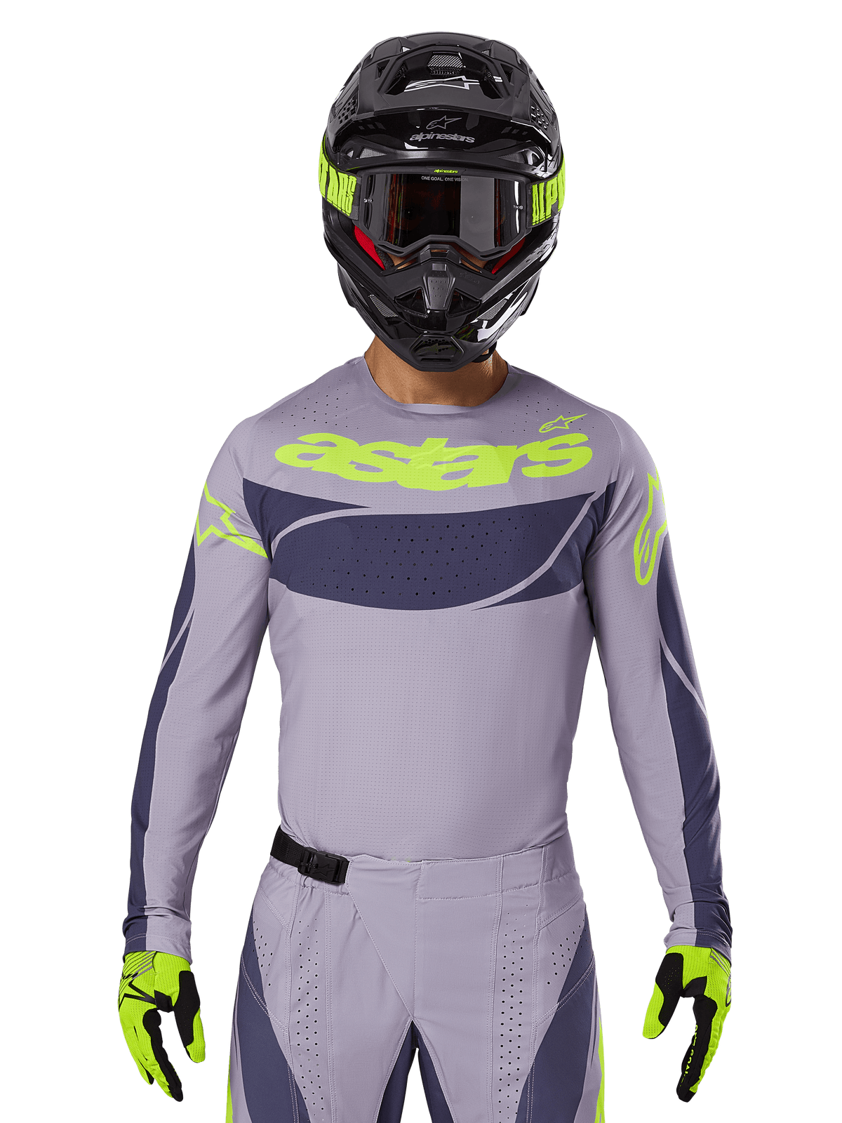 2025 Techstar Dreem Jersey und Ausrüstungsset, Motocross-Rennausrüstung, hellgrau und dunkelgrau mit neongelben Akzenten, mit „astars“-Branding, getragen mit schwarzem Helm, Brille und passenden Handschuhen, technisches perforiertes Material für Offroad-Performance