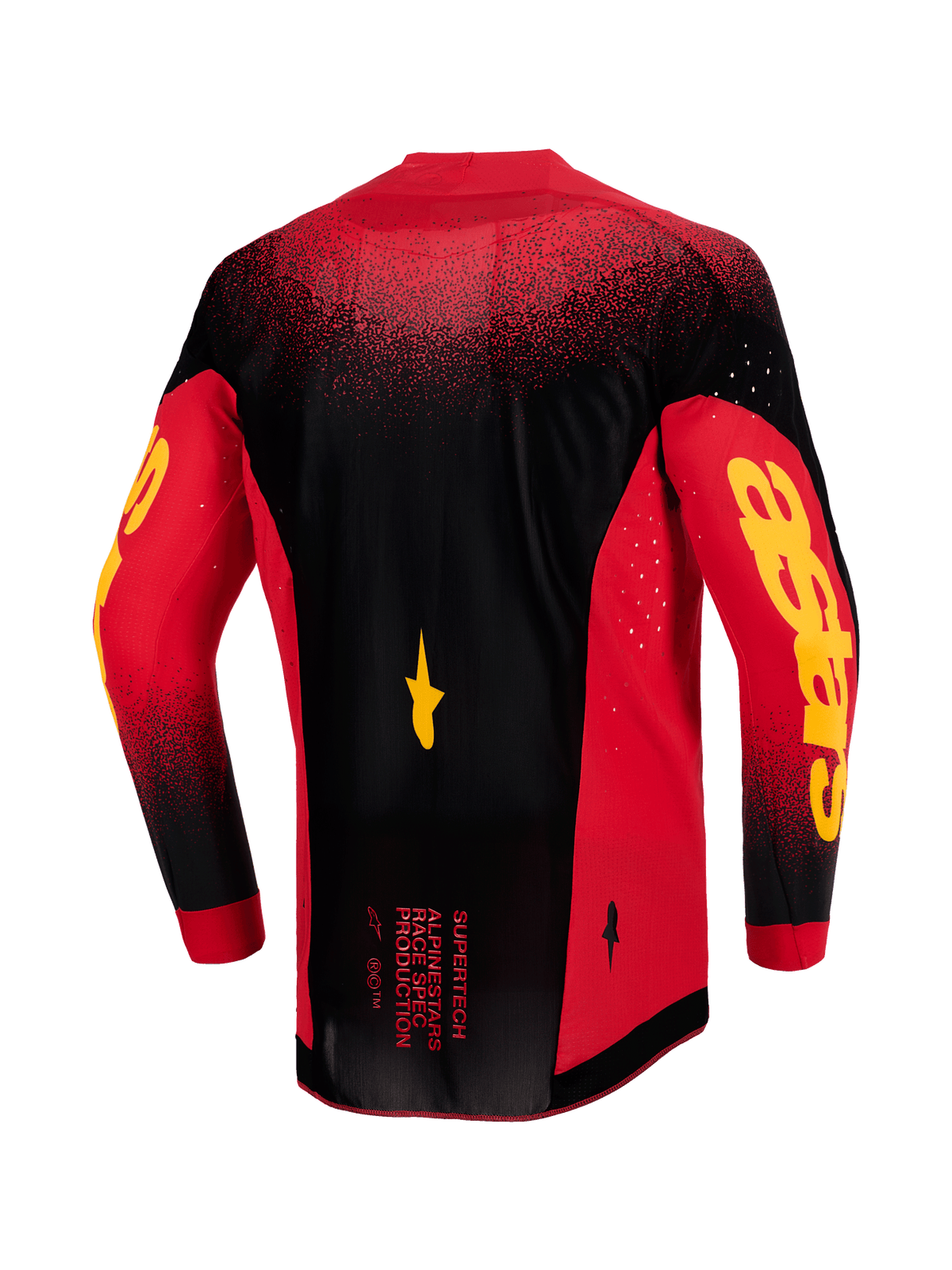 Maillot Alpinestars Supertech Scenz 2026, vue arrière, rouge, noir et jaune, maillot de motocross professionnel avec maille extensible légère, ventilations découpées au laser, marquage Astars jaune vif sur les manches et pan arrière allongé pour la performance en course