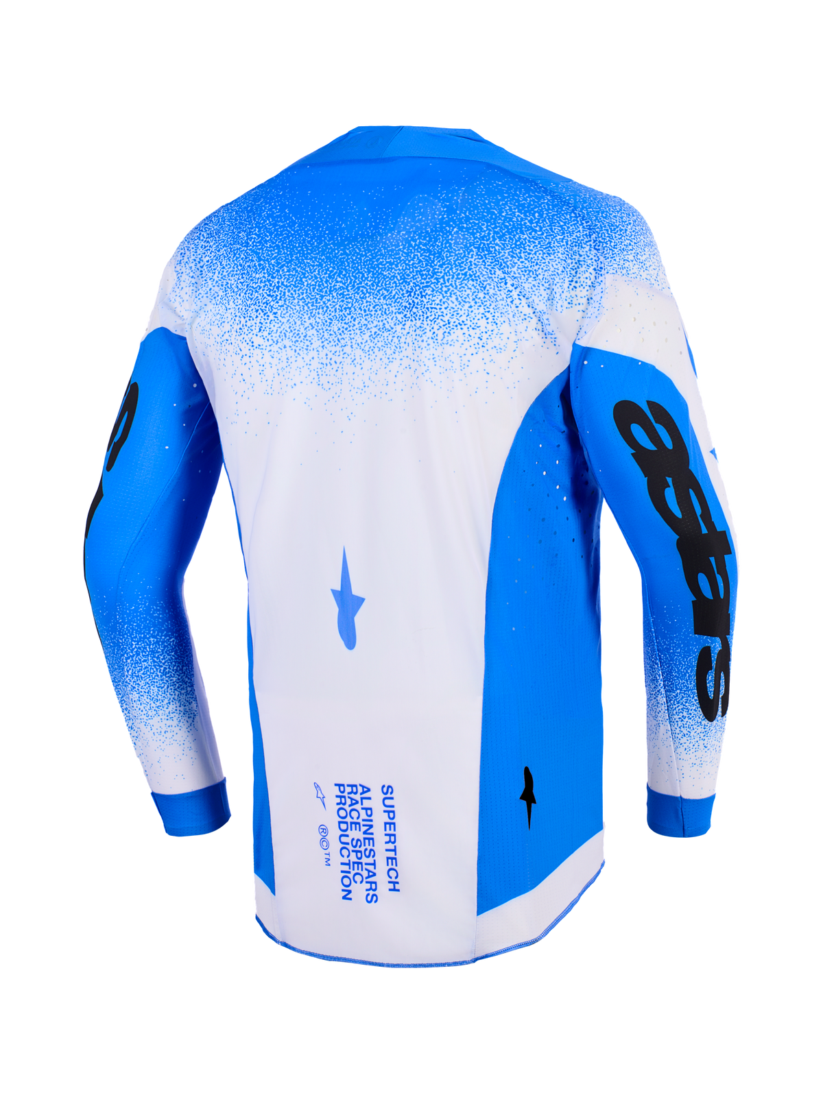 Maillot Alpinestars Supertech Scenz 2026, vue de dos, Bleu Ucla et blanc, maillot de motocross professionnel avec construction en maille et perforations découpées au laser, avec graphismes noirs audacieux sur les manches et marquage technique à l'arrière.
