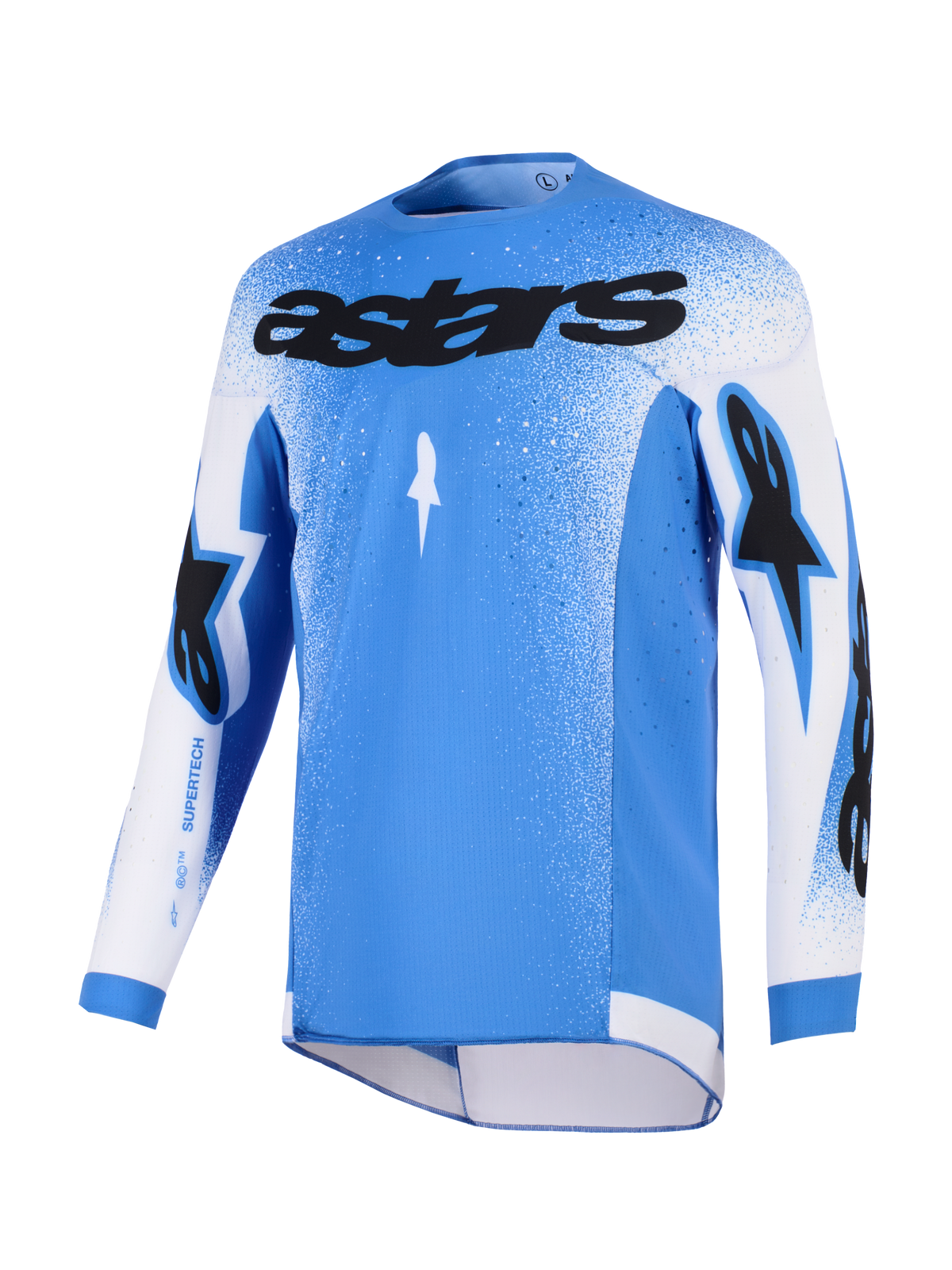 Alpinestars 2026 Supertech Scenz Jersey, maillot de motocross, bleu UCLA et blanc, avec logo astars noir sur la poitrine, motif moucheté en dégradé sur les épaules et les manches, maille extensible légère, coupe athlétique performante pour la course tout-terrain
