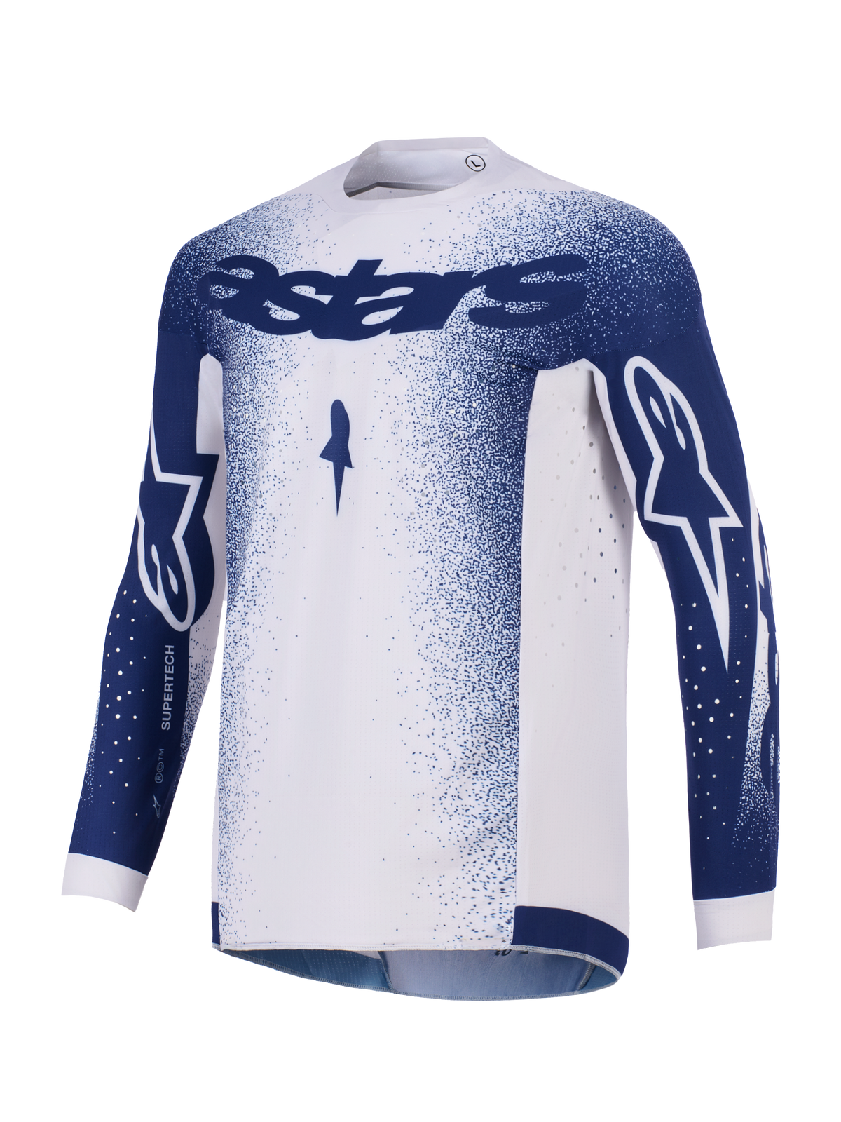 Maillot Alpinestars Supertech Scenz 2026, maillot de motocross, gris clair et bleu foncé, avec marquage Astars bleu foncé sur la poitrine et les manches, motif moucheté en dégradé, perforations découpées au laser pour la ventilation, équipement de course tout-terrain de niveau professionnel
