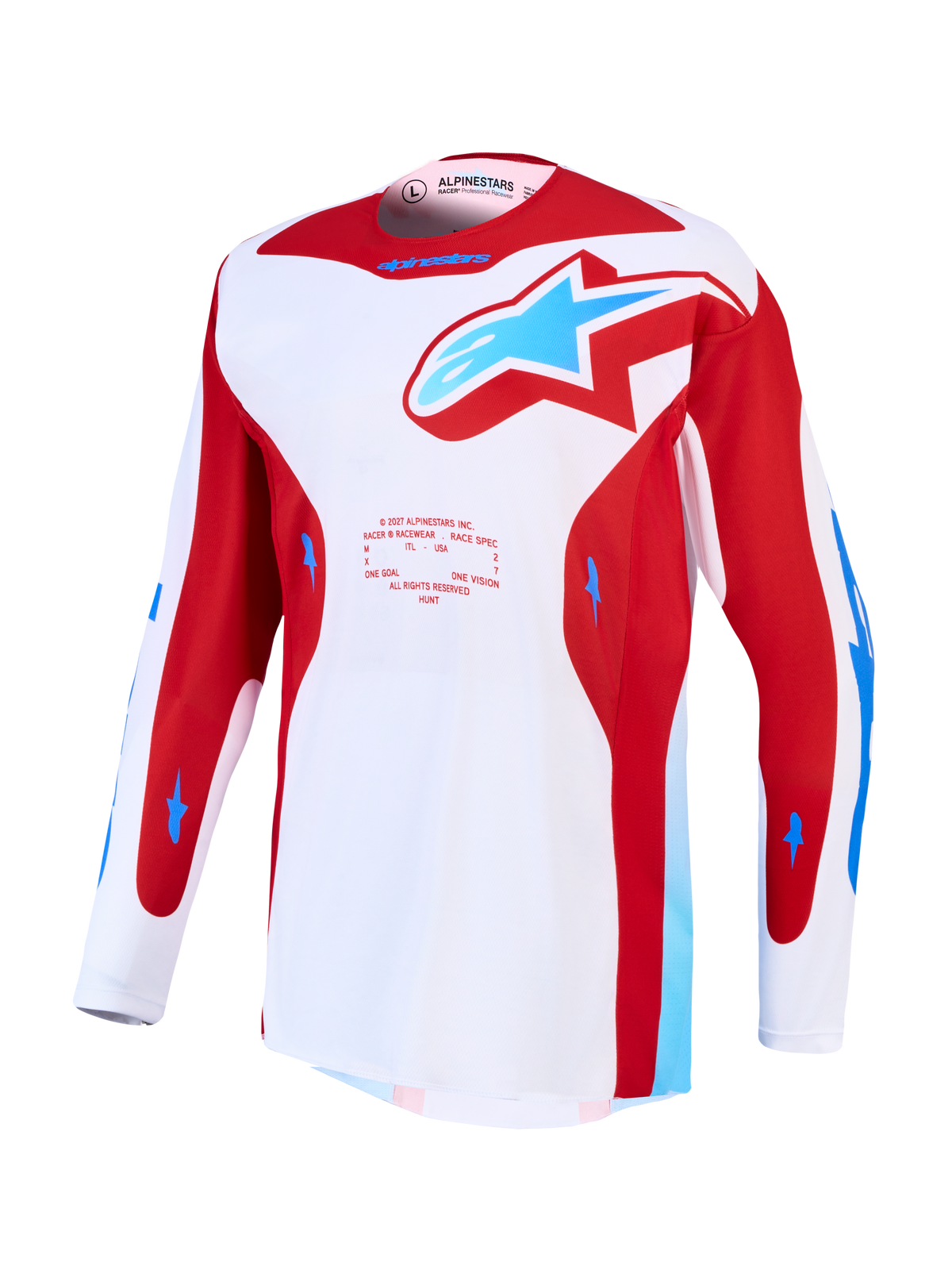 Alpinestars Racer Hunt jersey, wit en rood heren-motocrossjersey met blauwe accenten, vochtafvoerend polyfabric.