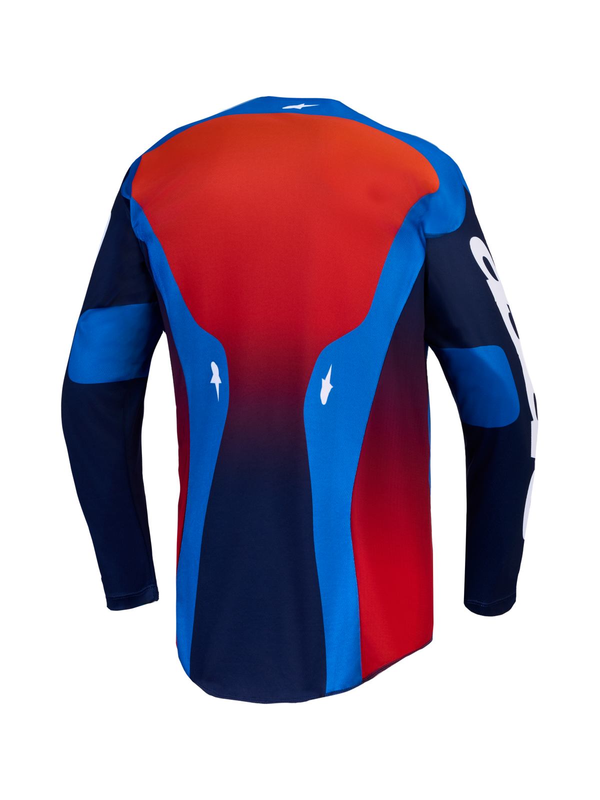 Alpinestars Racer Hunt, maillot de motocross pour homme, bleu et rouge, vue de dos avec ourlet arrière allongé respirant.