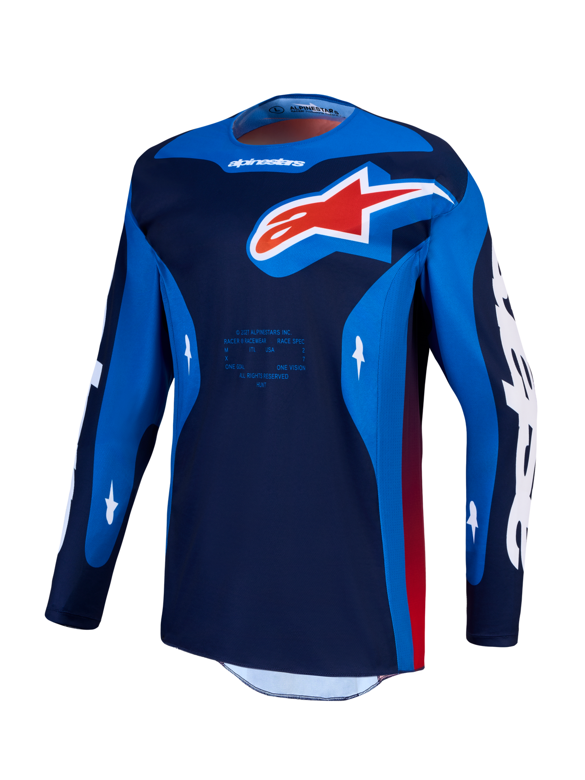 Maillot Alpinestars Racer Hunt, équipement de motocross pour homme, bleu marine et bleu royal avec logo rouge.