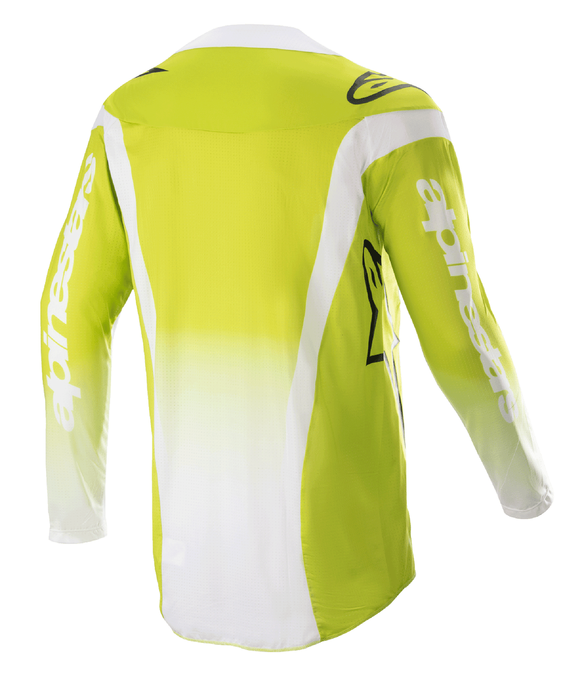 Maillot Alpinestars Techstar Push 2023, vue arrière, jaune fluo et blanc, maillot de motocross à manches longues avec panneaux latéraux blancs et logos sur les manches, équipement technique tout-terrain