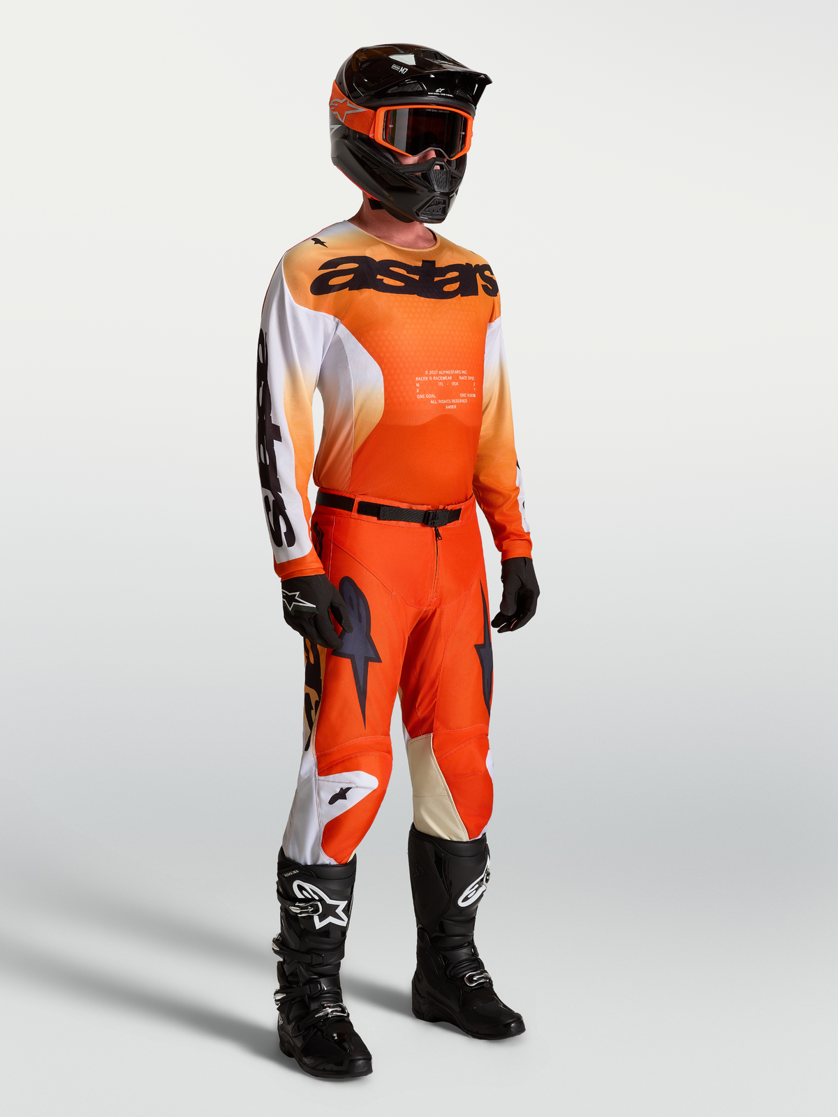 Alpinestars Racer Amber, ensemble de motocross pour homme, maillot et pantalon orange et blanc, coupe racing performante