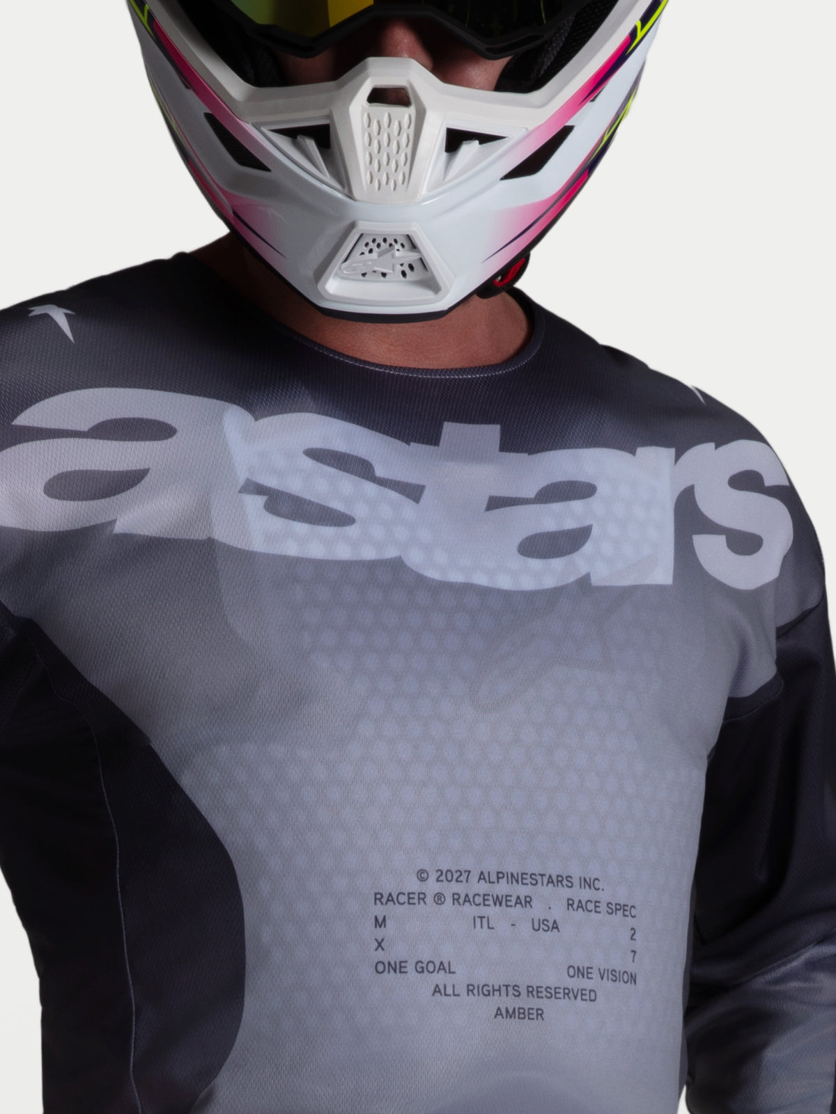 Maillot Alpinestars Racer Amber, maillot de motocross pour homme, gris et noir, poly-tissu respirant avec logo astars.
