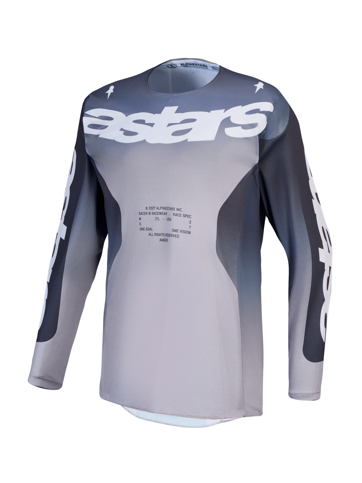 Alpinestars Racer Amber Jersey, heren-motorcrossjersey, grijs en lichtlila, ademend polyfabric voor off-road prestaties.