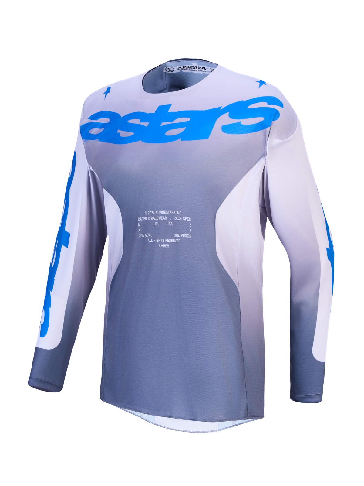 Maillot Alpinestars Racer Amber pour homme, gris et bleu, poly-tissu ventilé évacuant l'humidité pour le motocross.