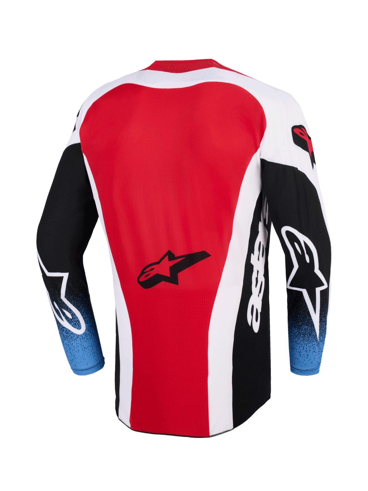 Alpinestars 2026 Techstar Knif Jersey, Motocross-Jersey, Rot, Weiß und Schwarz mit blauem Farbverlauf an den Ärmeln, Rückansicht mit Alpinestars Stern-Logo, verlängertes Rückenteil, athletische Rennpassform für Offroad-Rennsport