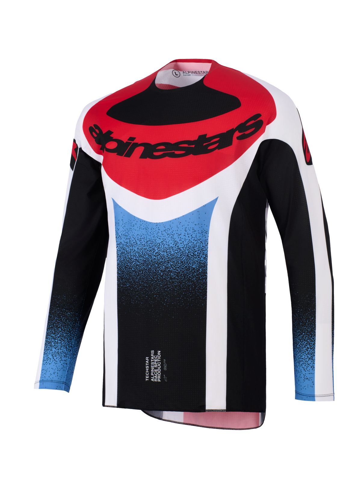Alpinestars 2026 Techstar Knif Jersey, Motocross-Trikot, Schwarz, Weiß, Rot und Blauverlauf, athletische Rennpassform, langärmlige Performance-Ausrüstung mit markantem Alpinestars-Logo auf der Brust.