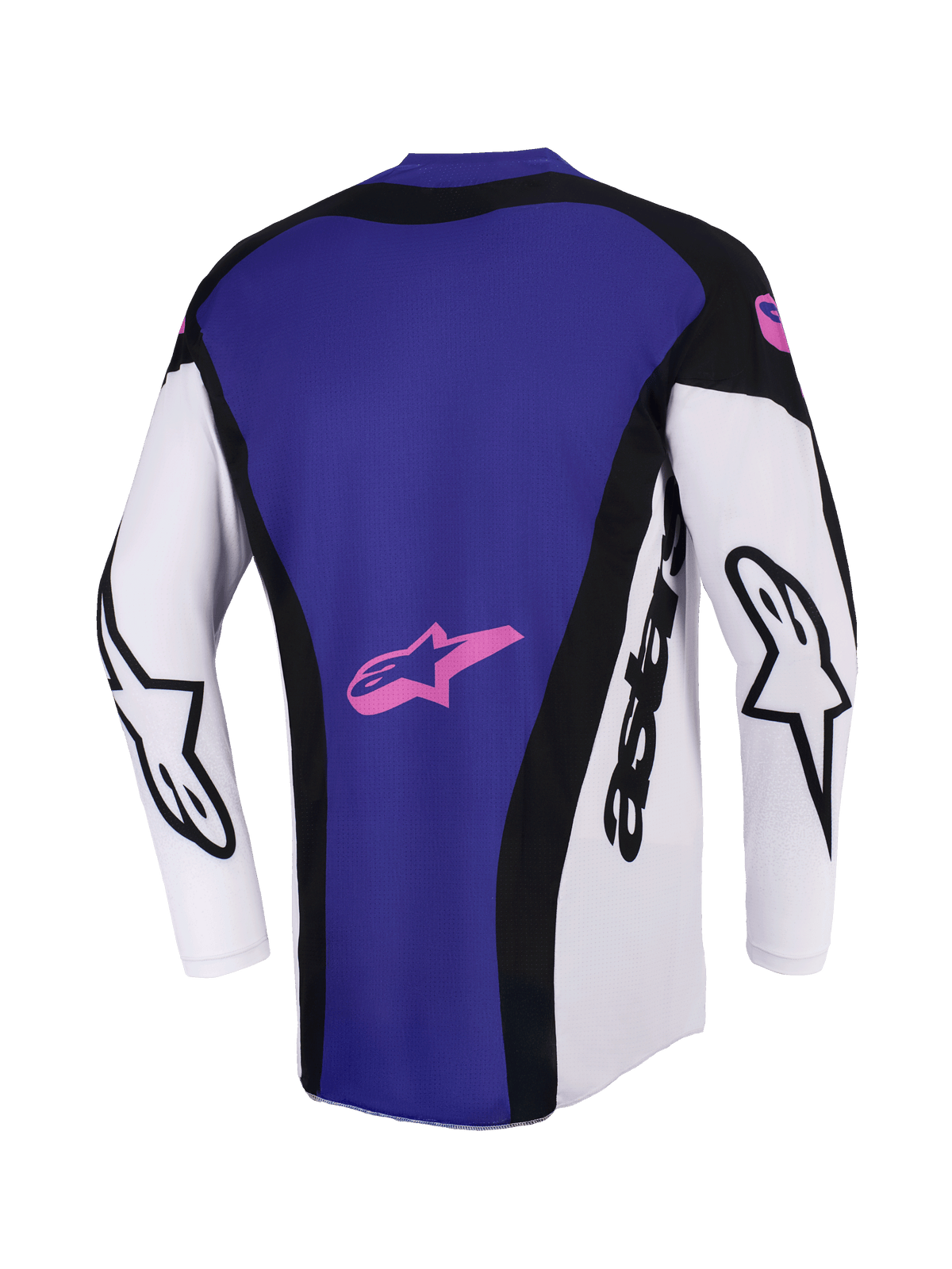 Alpinestars 2026 Techstar Knif Jersey, Motocross-Trikot, Schwarz, Hellgrau und Lila, Rückansicht mit großer lila Rückenpartie und pinkem Stern-Logo, weiße Ärmel mit schwarzem Alpinestars-Branding, sportliche Rennpassform.