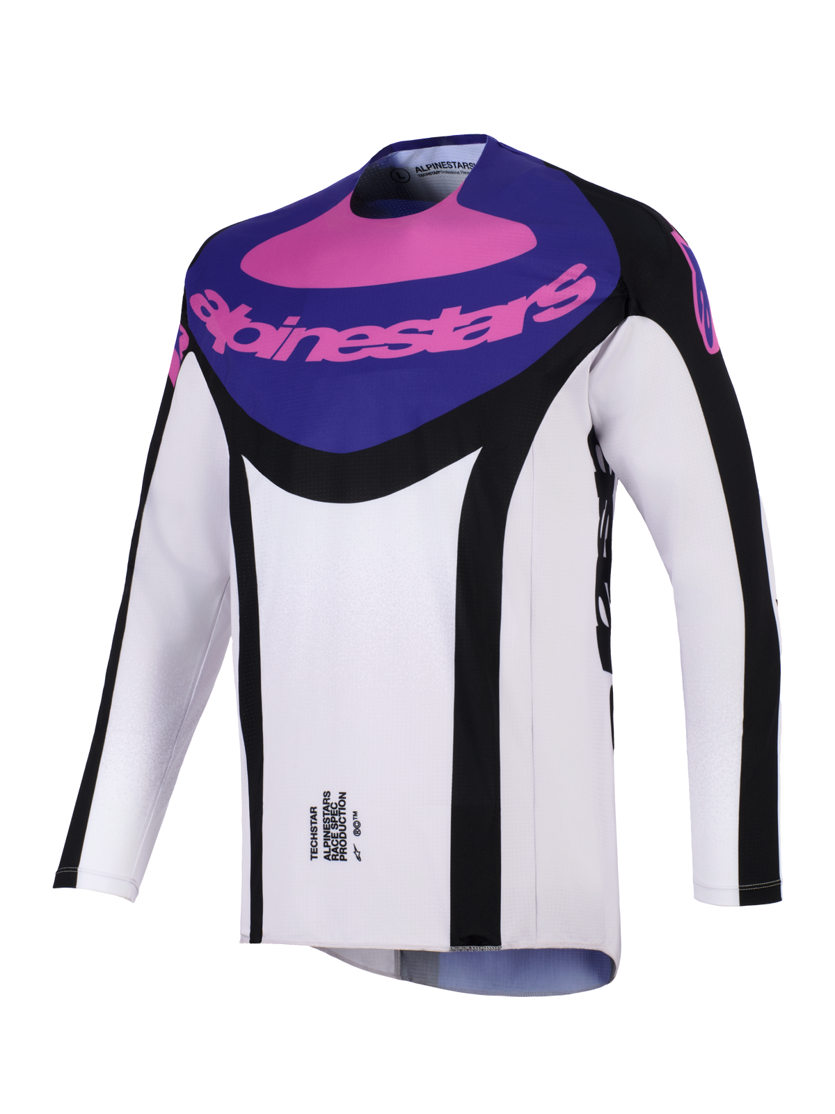 Alpinestars 2026 Techstar Knif Jersey, Motocross-Trikot, Schwarz, Hellgrau und Lila, mit lila Brustpanel, pinkfarbenem Alpinestars-Branding, schwarzen Seitenakzenten und leichtem, feuchtigkeitsableitendem Material für Offroad-Performance.