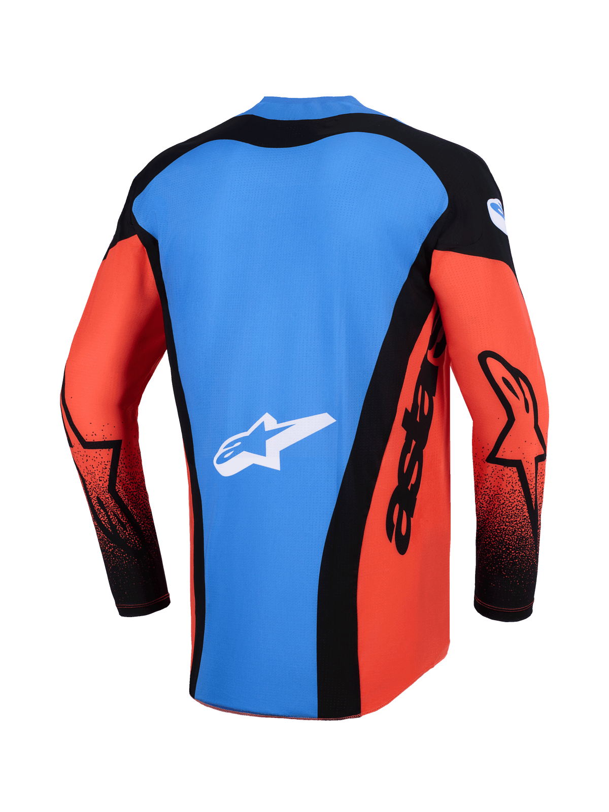 Maillot Alpinestars Techstar Knif 2026, maillot de motocross, vue arrière en orange, noir et bleu UCLA, doté d'un panneau arrière bleu avec logo étoile blanc, de panneaux latéraux noirs avec marquage 'astars' et de manches orange avec accents noirs, équipement de performance léger pour la course tout-terrain