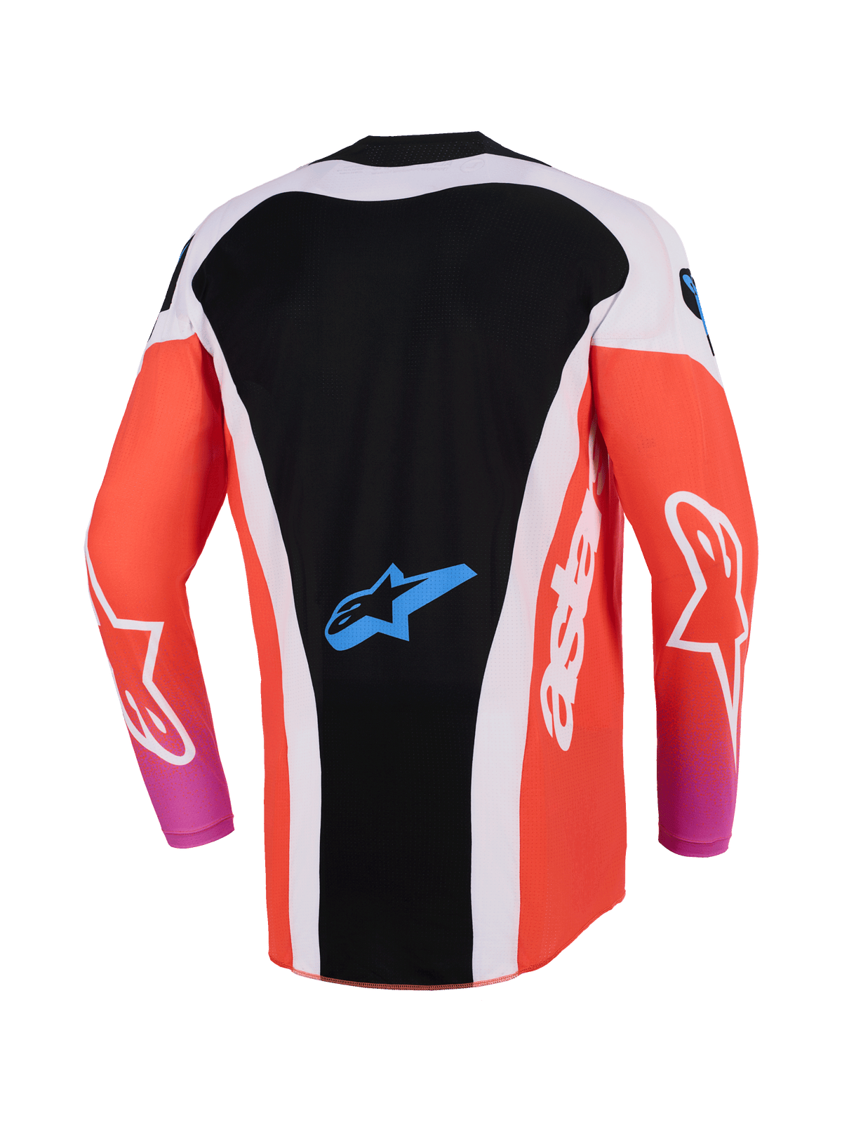 Maillot Alpinestars Techstar Knif 2026, maillot de motocross, noir et orange fluo, vue arrière avec dos allongé, panneaux latéraux blancs, logo Astar bleu en bas du dos, manches longues, équipement de course haute performance