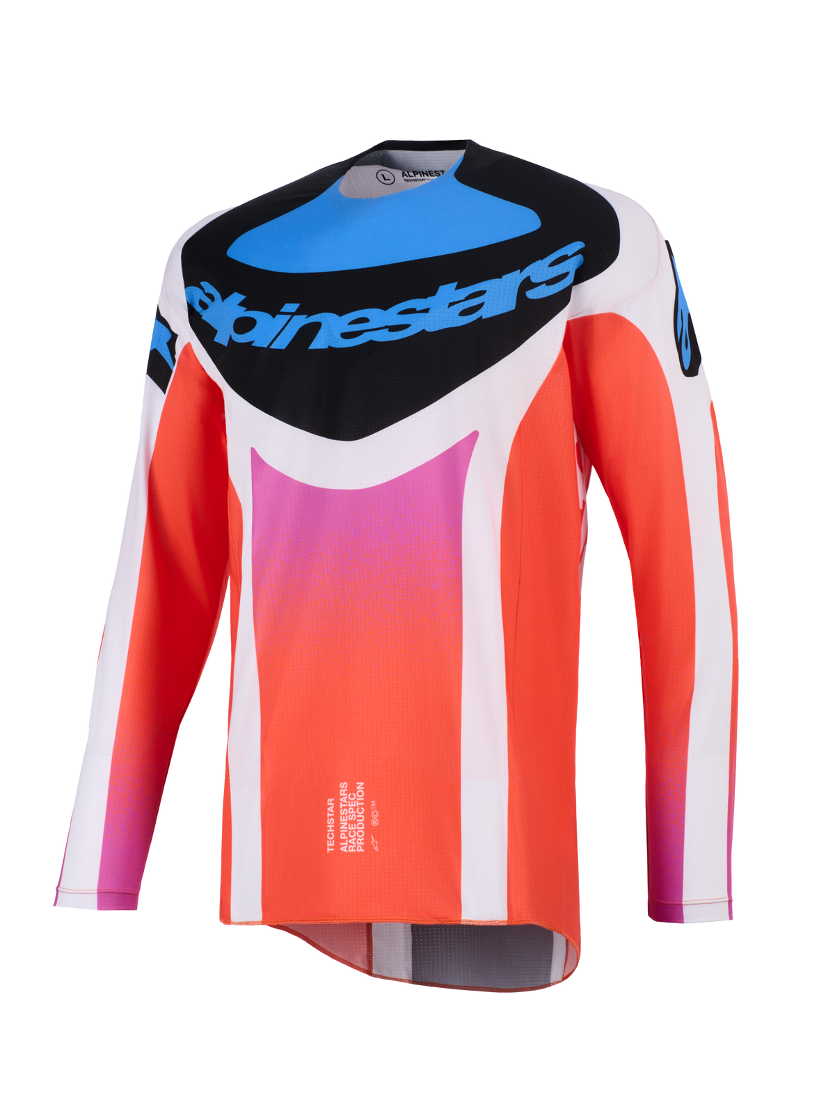 Maillot Alpinestars Techstar Knif 2026, maillot de motocross, blanc et orange avec accents bleus et roses, empiècement noir sur la poitrine avec logo Alpinestars, équipement de course technique à manches longues pour la performance tout-terrain