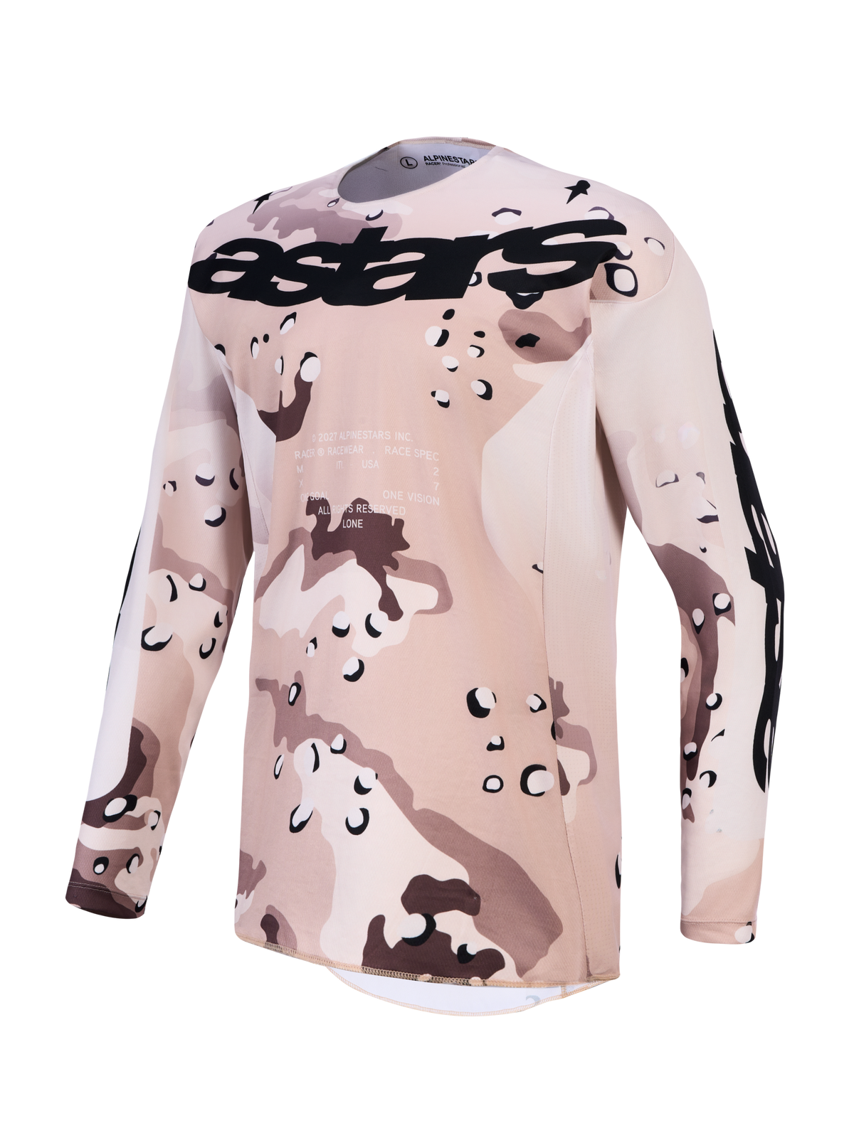 Alpinestars Racer Lone jersey, heren motorcross jersey in beige desert camo en zwart, vochtafvoerend polyfabric voor off-road rijden.