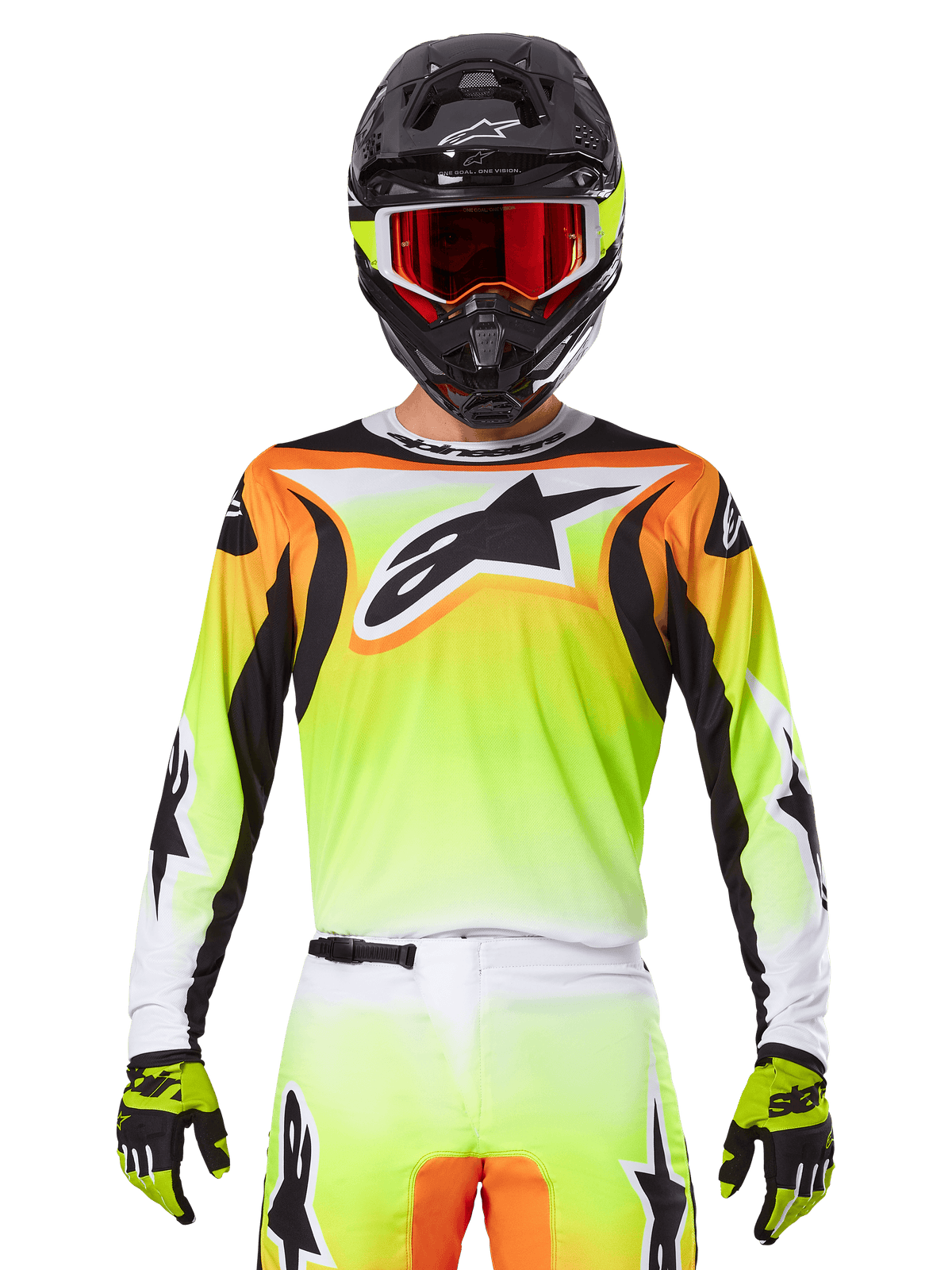 Alpinestars 2025 Fluid Wurx Trikot, Motocross-Trikot, Neongelb, Orange und Weiß, getragen mit passender Hose und schwarzem Helm mit roter Brille, komplette MX-Ausrüstung am Fahrer