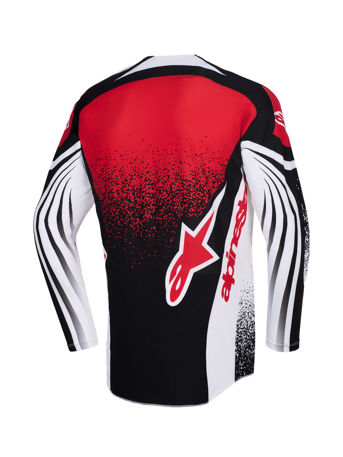 Alpinestars 2026 Techstar Nomur Trikot, Motocross-Trikot, Schwarz, Weiß und Rot, Rückansicht mit großem roten Alpinestars-Logo, gesprenkelter Farbverlauf-Effekt, dynamische geschwungene Muster auf den langen Ärmeln, Performance-Rennbekleidung