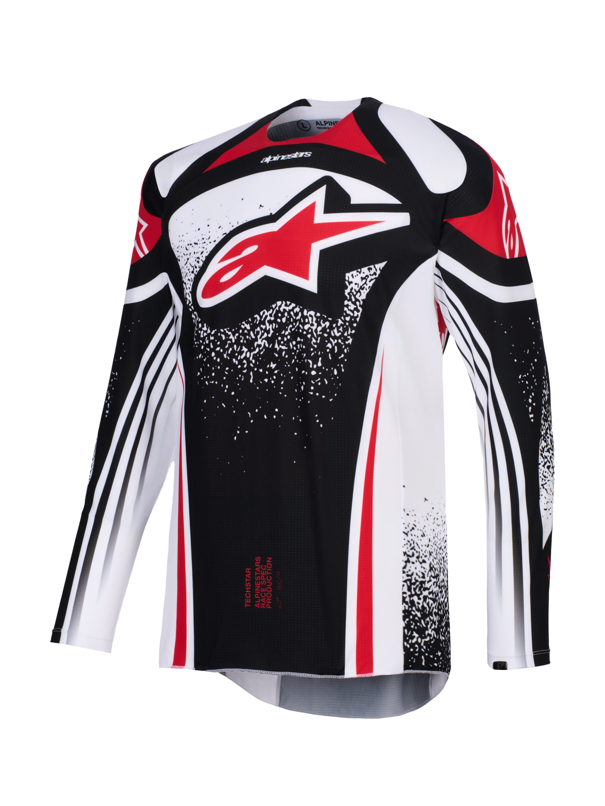 Alpinestars 2026 Techstar Nomur Trikot, Motocross-Trikot, Schwarz, Weiß und Rot, mit einem großen roten Astars-Logo auf der Brust, punktierten Grafikmustern, langen Ärmeln und einer athletischen Rennpassform für High-Performance-Offroad-Wettbewerbe.