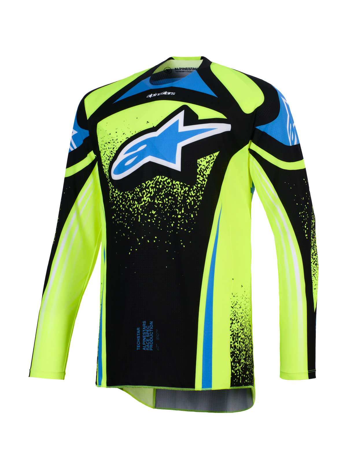 Alpinestars 2026 Techstar Nomur Trikot, Motocross-Trikot, Fluo-Gelb und Schwarz mit blauen Akzenten, großes blau-weißes Astar-Logo auf der Brust, Splatter-Grafikdetails, langärmlig, sportliche Offroad-Rennausrüstung
