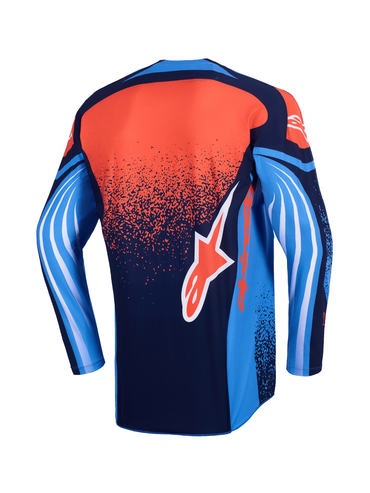Maillot de motocross Alpinestars 2026 Techstar Nomur, vue arrière, bleu marine foncé, orange et bleu UCLA, avec un dégradé orange moucheté dans le dos, des manches bleues avec des graphismes ondulés blancs et un logo Alpinestars orange en bas du dos.