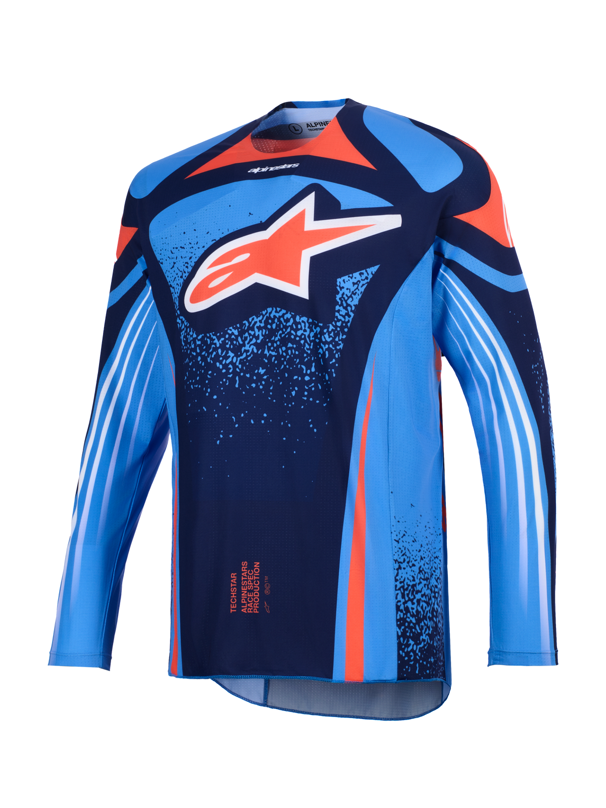 Maillot Alpinestars Techstar Nomur 2026, maillot de motocross, bleu marine foncé et bleu UCLA avec des accents orange, arborant un grand logo Astars blanc sur la poitrine et des rayures diagonales blanches sur les manches longues, coupe athlétique légère pour la performance tout-terrain