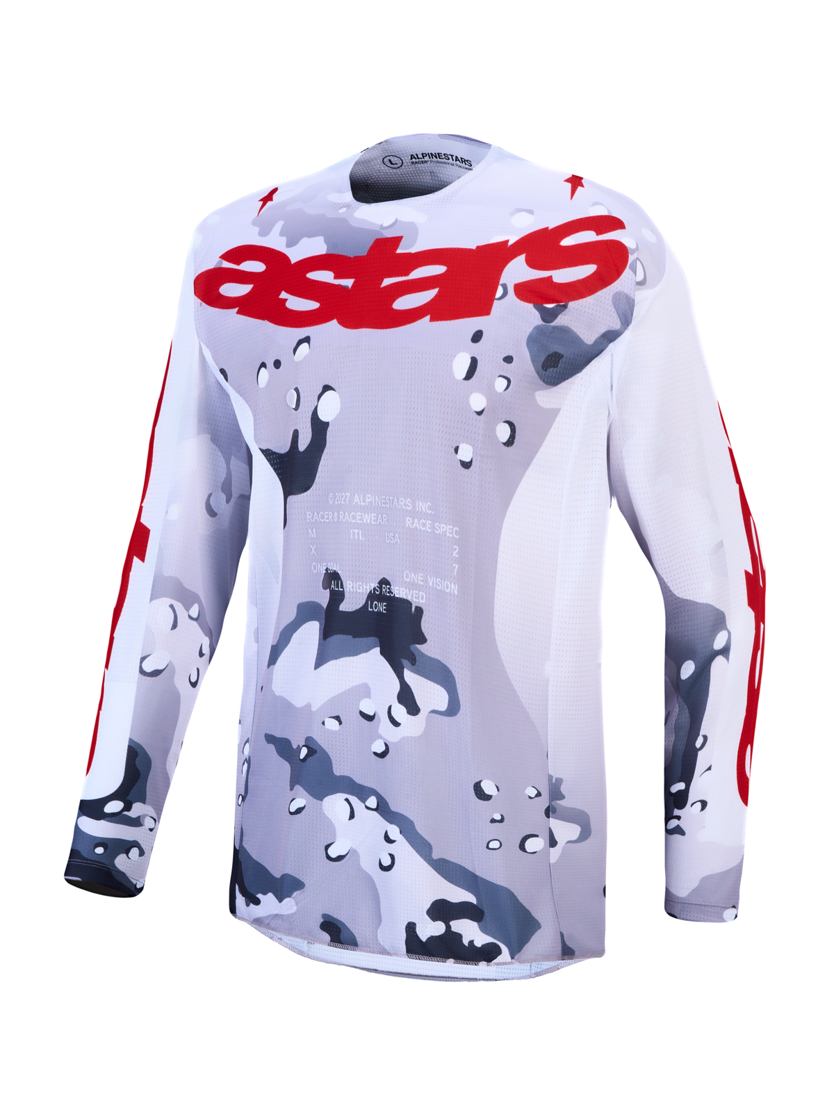 Alpinestars Racer Air Lone, maillot de motocross tout-terrain, motif camouflage gris et rouge, panneaux en mesh ventilé respirant, logo Astars rouge sur la poitrine et les manches