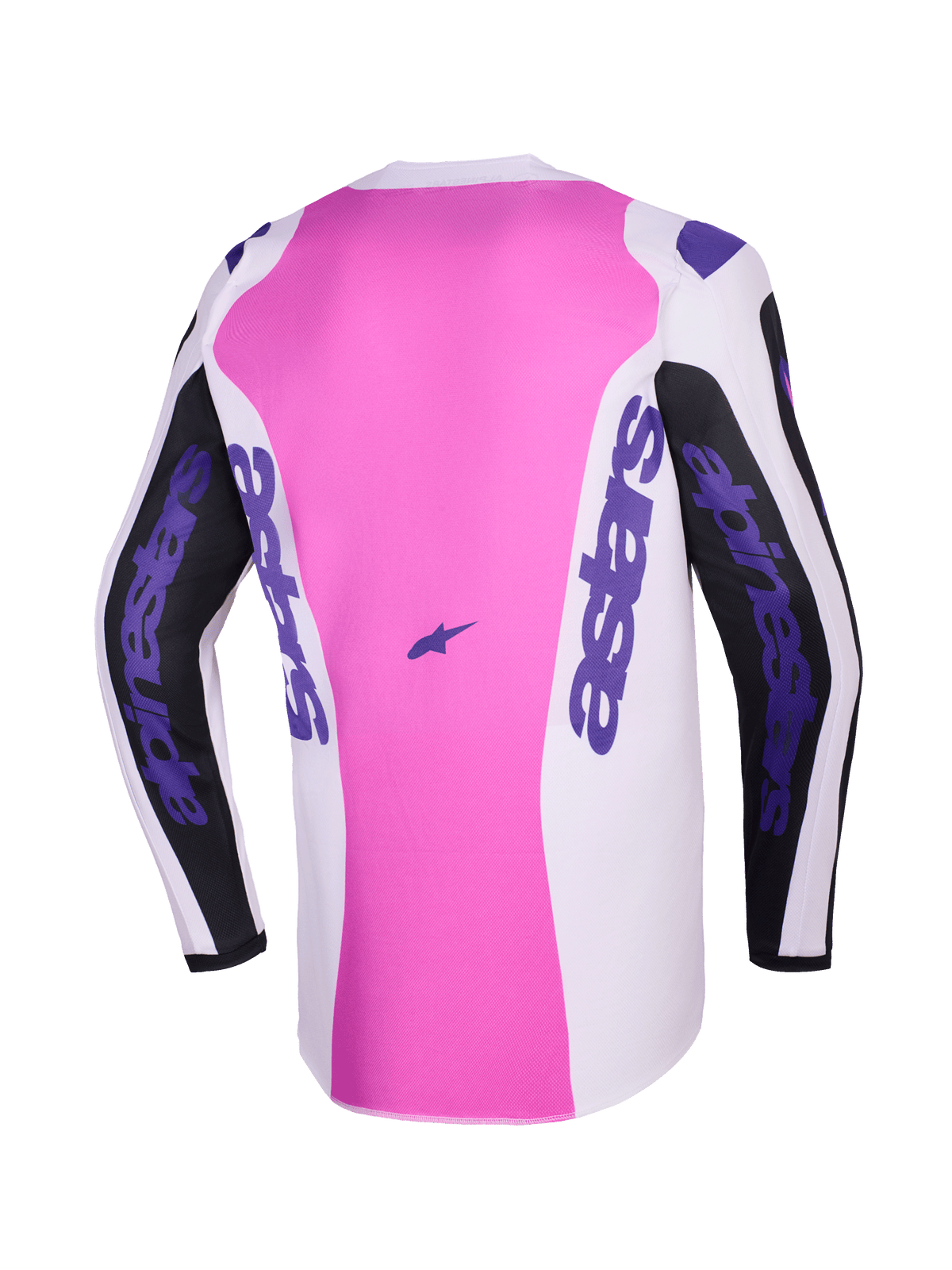 Alpinestars 2026 Fluid Grid Jersey, achteraanzicht, motorcross shirt, zwart, lichtgrijs en paars, roze middenpaneel met witte en zwarte secties, paarse Alpinestars-branding op de mouwen en zijkanten, vochtafvoerende polyfabric-constructie