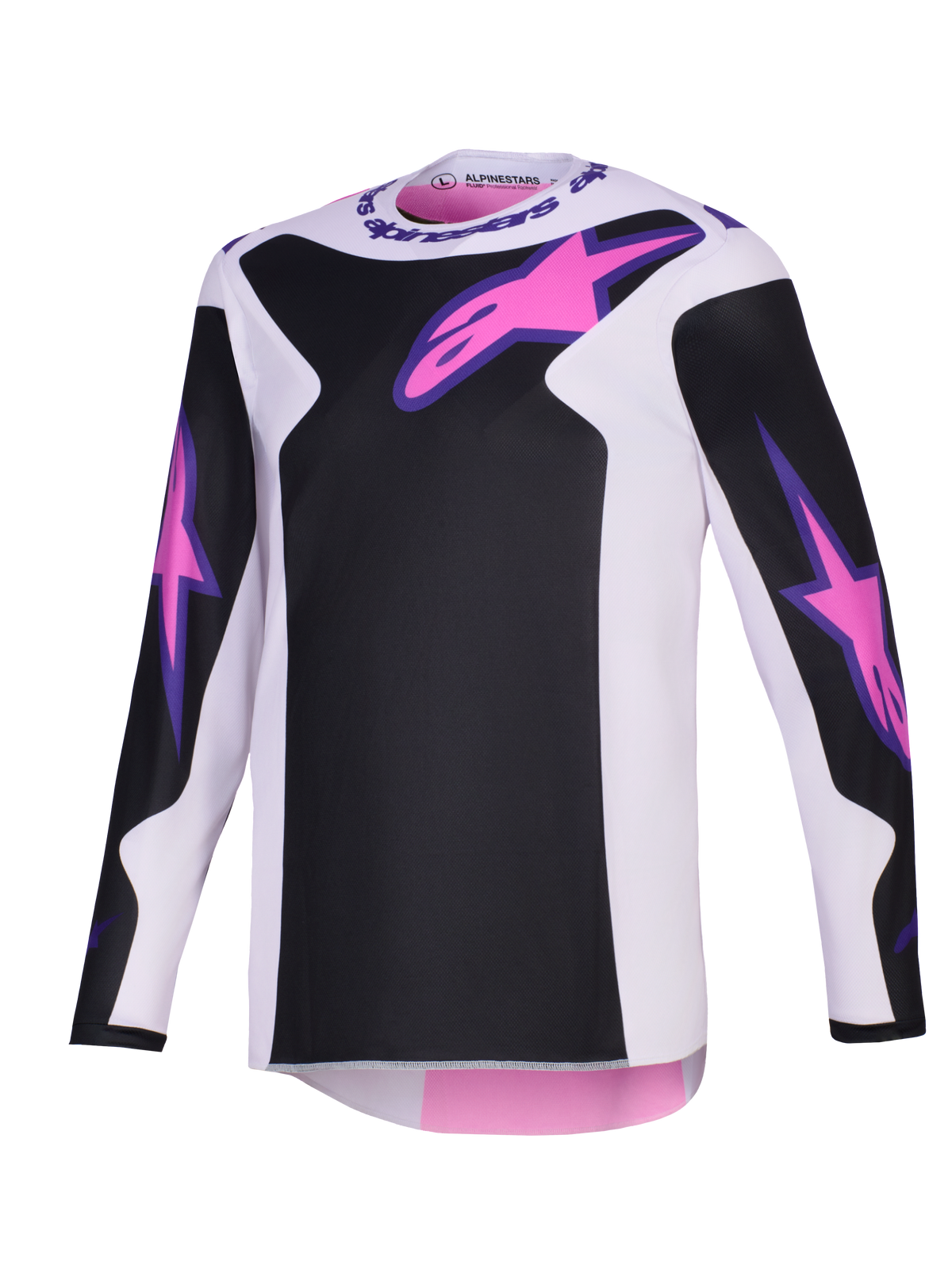 Alpinestars 2026 Fluid Grid Jersey, motorcross shirt, zwart, lichtgrijs en paars, met roze Astars-logo's op de borst en mouwen, zwarte panelen op een lichtgrijze basis, sportieve pasvorm met lange mouwen voor off-road rijden.