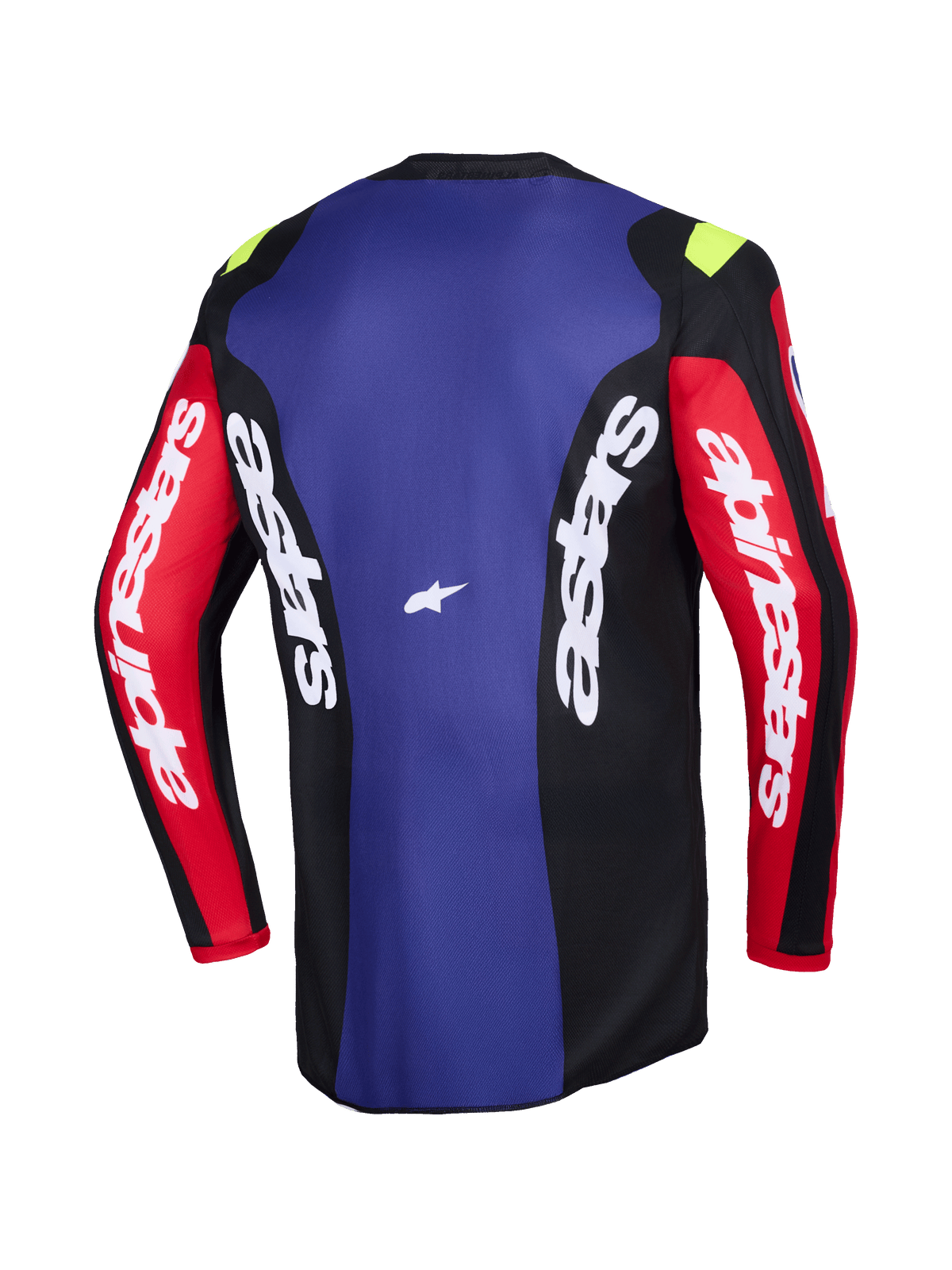 Maillot Alpinestars Fluid Grid 2026, vue arrière, maillot de motocross en rouge, noir et violet, avec marquage Alpinestars blanc sur les manches et les panneaux latéraux, petits accents jaune fluo sur les épaules, vêtement technique tout-terrain évacuant l'humidité