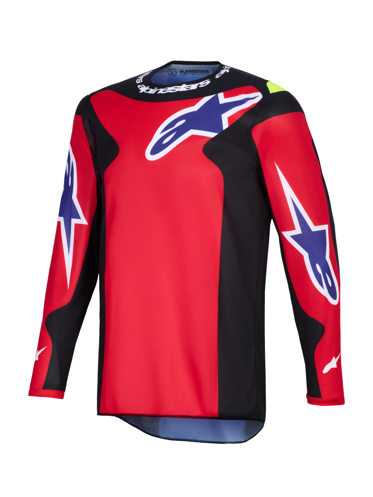 Maillot Alpinestars Fluid Grid 2026, maillot de motocross, rouge, noir et violet, avec de grands logos Astars violets sur la poitrine et les manches, des panneaux latéraux noirs et un marquage Alpinestars blanc sur le col, construction en poly-tissu de performance.
