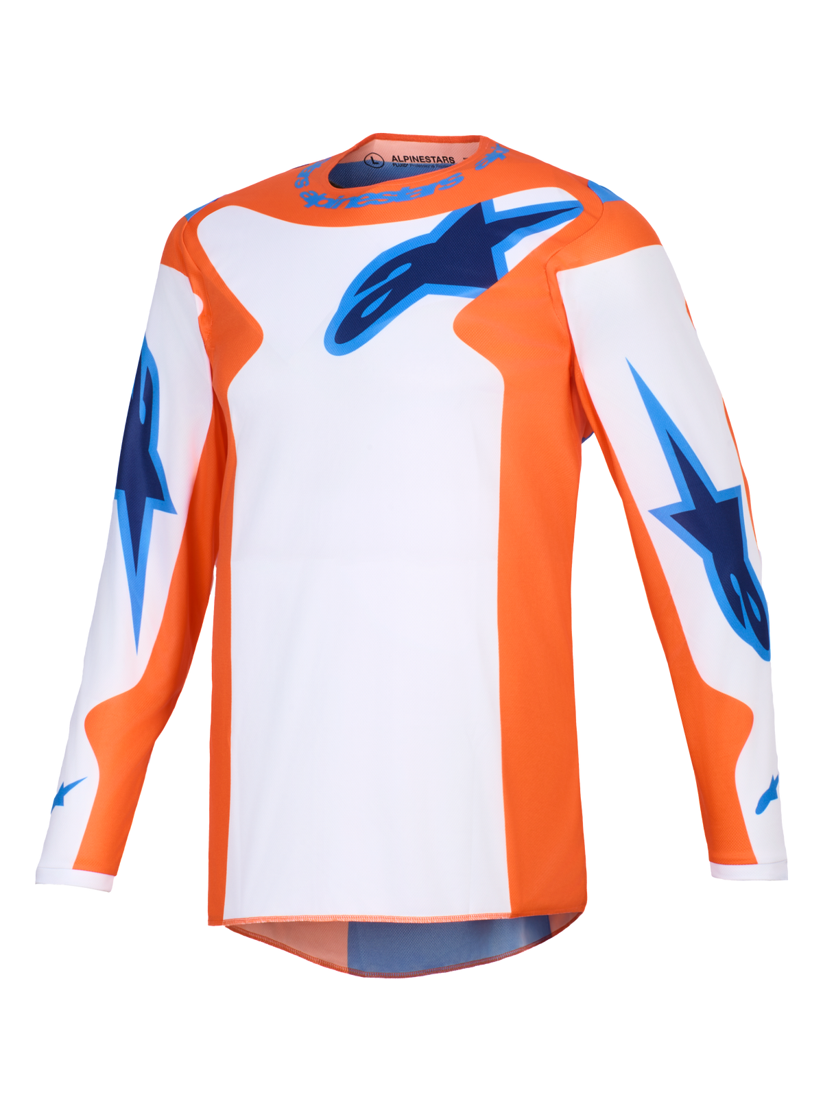 Maillot Alpinestars 2026 Fluid Grid, maillot de motocross, orange, blanc et bleu UCLA, équipement de performance à manches longues avec des logos d'étoile bleus sur la poitrine et les manches, coupe athlétique pour la conduite tout-terrain