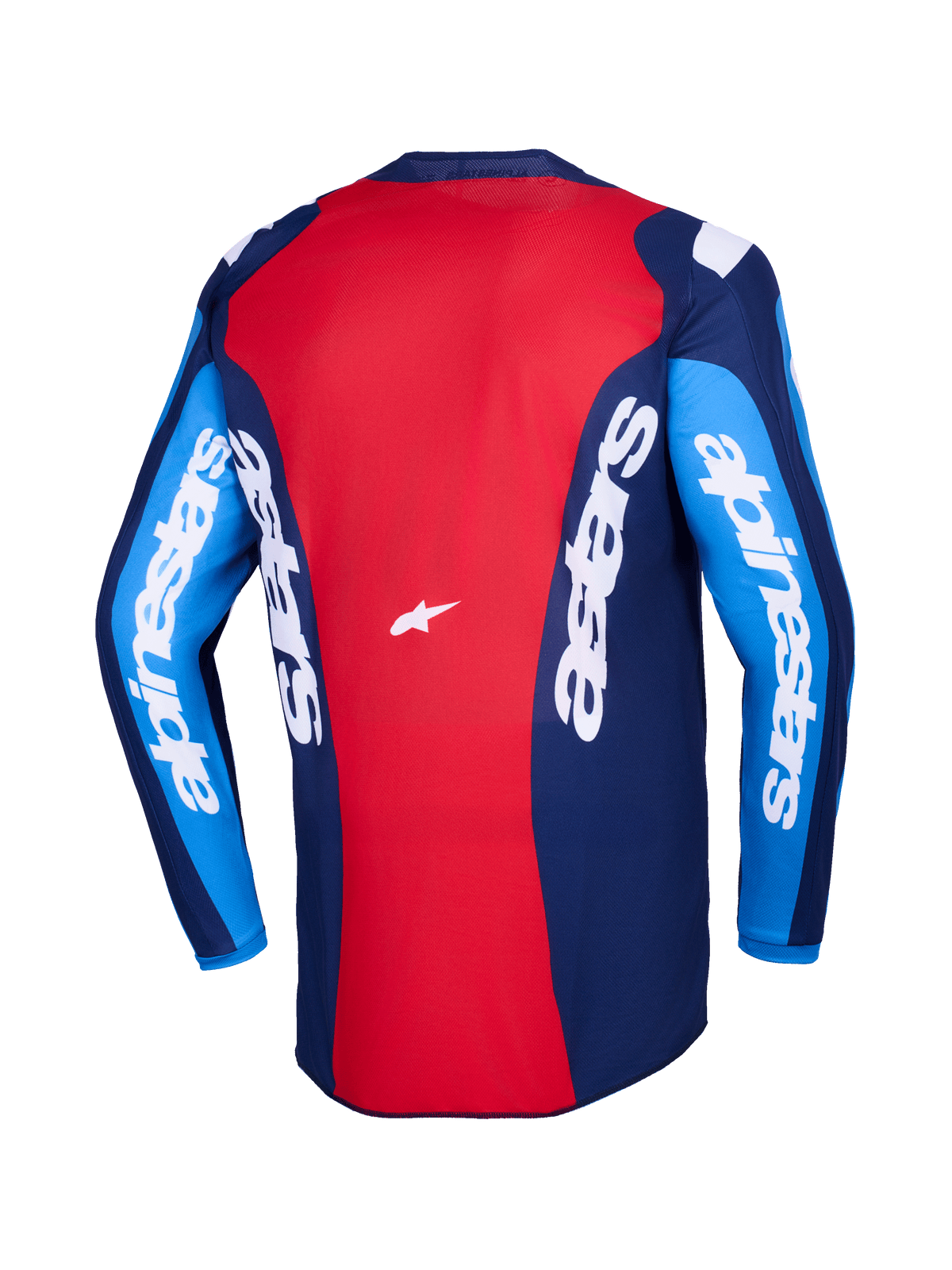 Maillot Alpinestars Fluid Grid 2026, vue arrière, maillot de motocross rouge et bleu, avec logo Alpinestars blanc sur les manches et le dos, conception en poly-tissu léger pour le pilotage tout-terrain