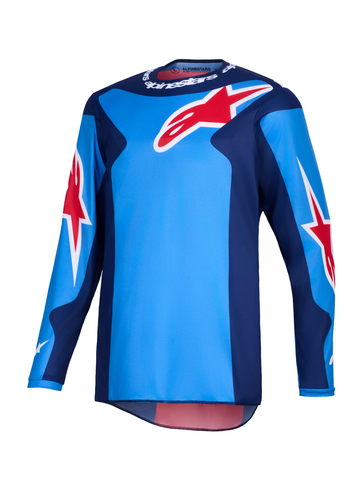 Maillot Alpinestars Fluid Grid 2026, maillot de motocross, bleu et rouge, avec de grands logos en étoile Alpinestars rouges, panneaux latéraux bleu foncé, construction en poly-tissu léger avec un panneau arrière allongé pour la conduite tout-terrain.